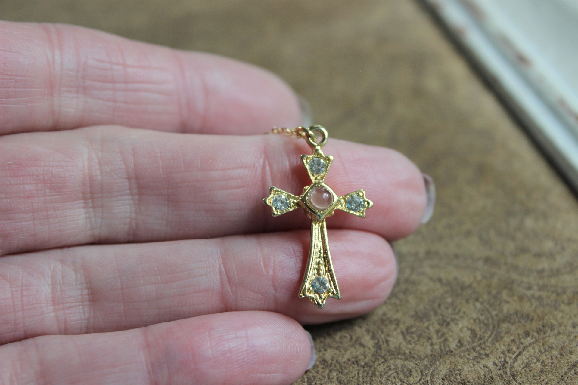 2 Pair Earring Set with Rare Matching Antique Gold Saint Christopher Medals and Threader Look Sterling Vermeil Earrings with Antique Stanhope Crosses