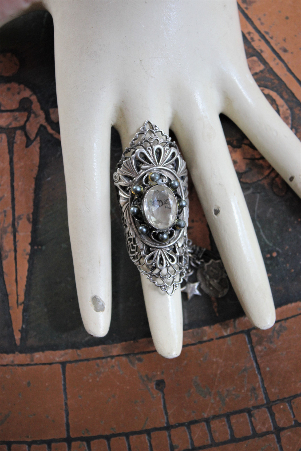 The Word of God Ring with Unique Long Vintage Sterling Filigree Ring, Faceted Rock Quartz & Tiny Antique Medals