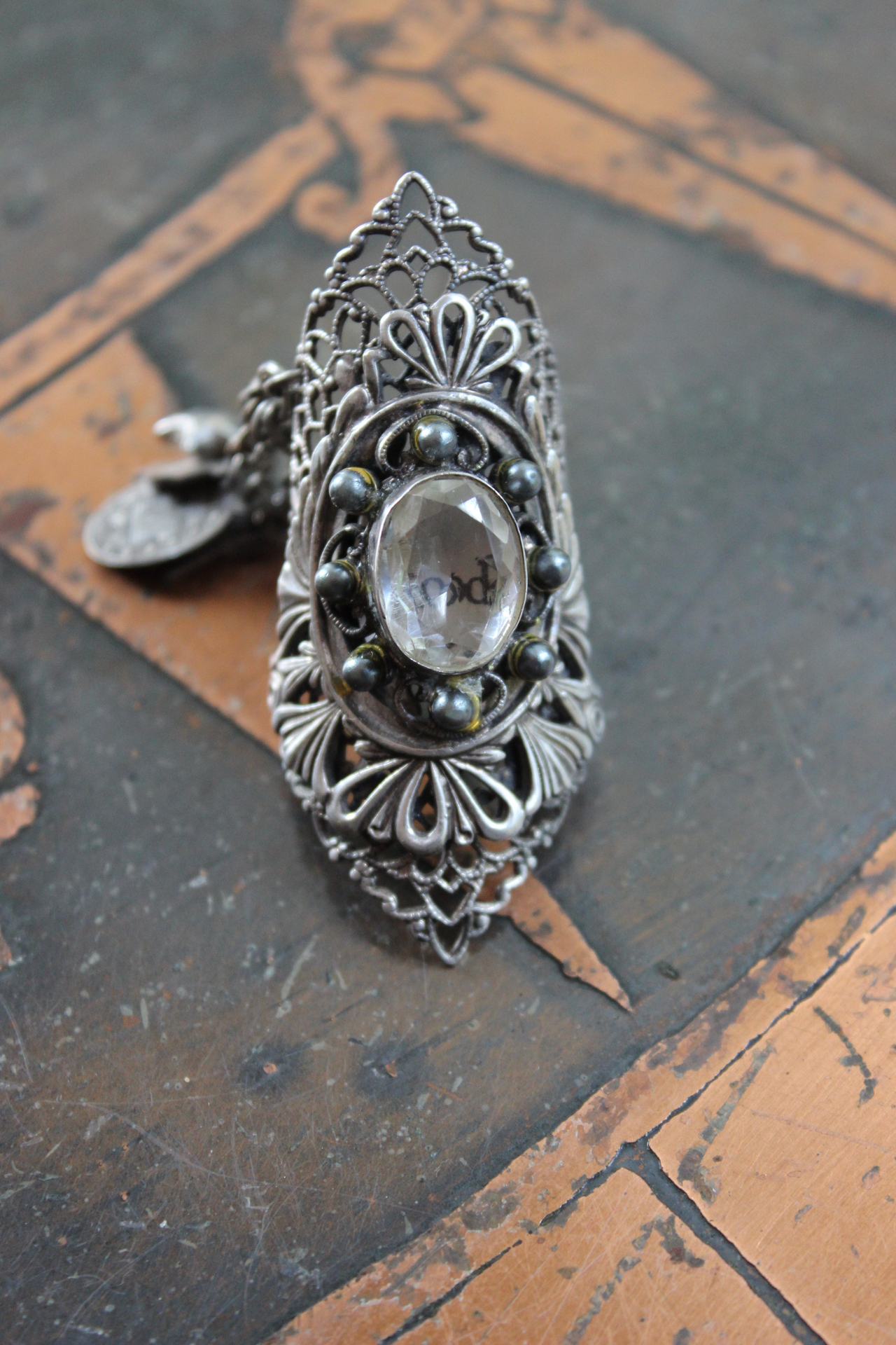 The Word of God Ring with Unique Long Vintage Sterling Filigree Ring, Faceted Rock Quartz & Tiny Antique Medals