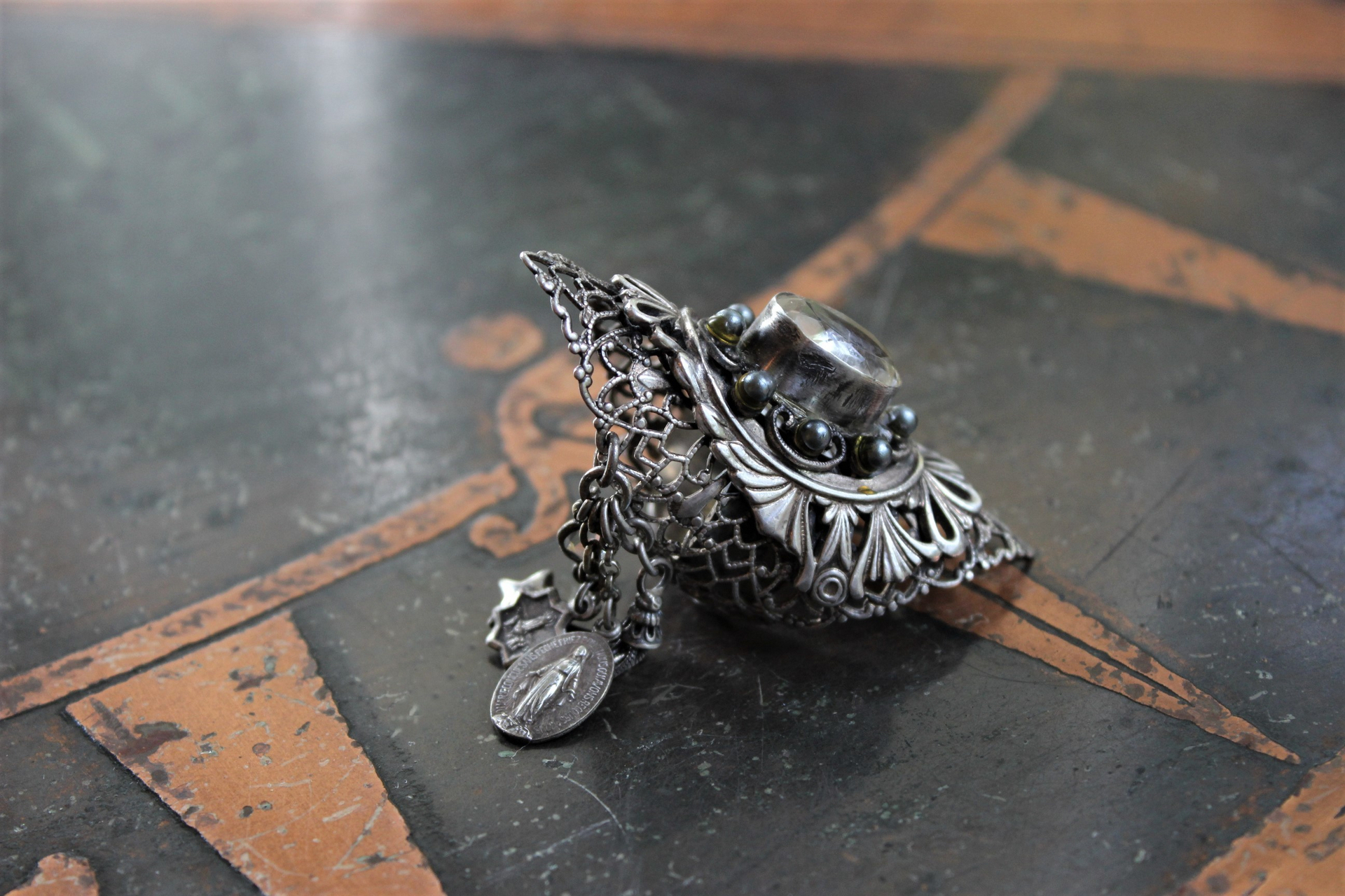 The Word of God Ring with Unique Long Vintage Sterling Filigree Ring, Faceted Rock Quartz & Tiny Antique Medals