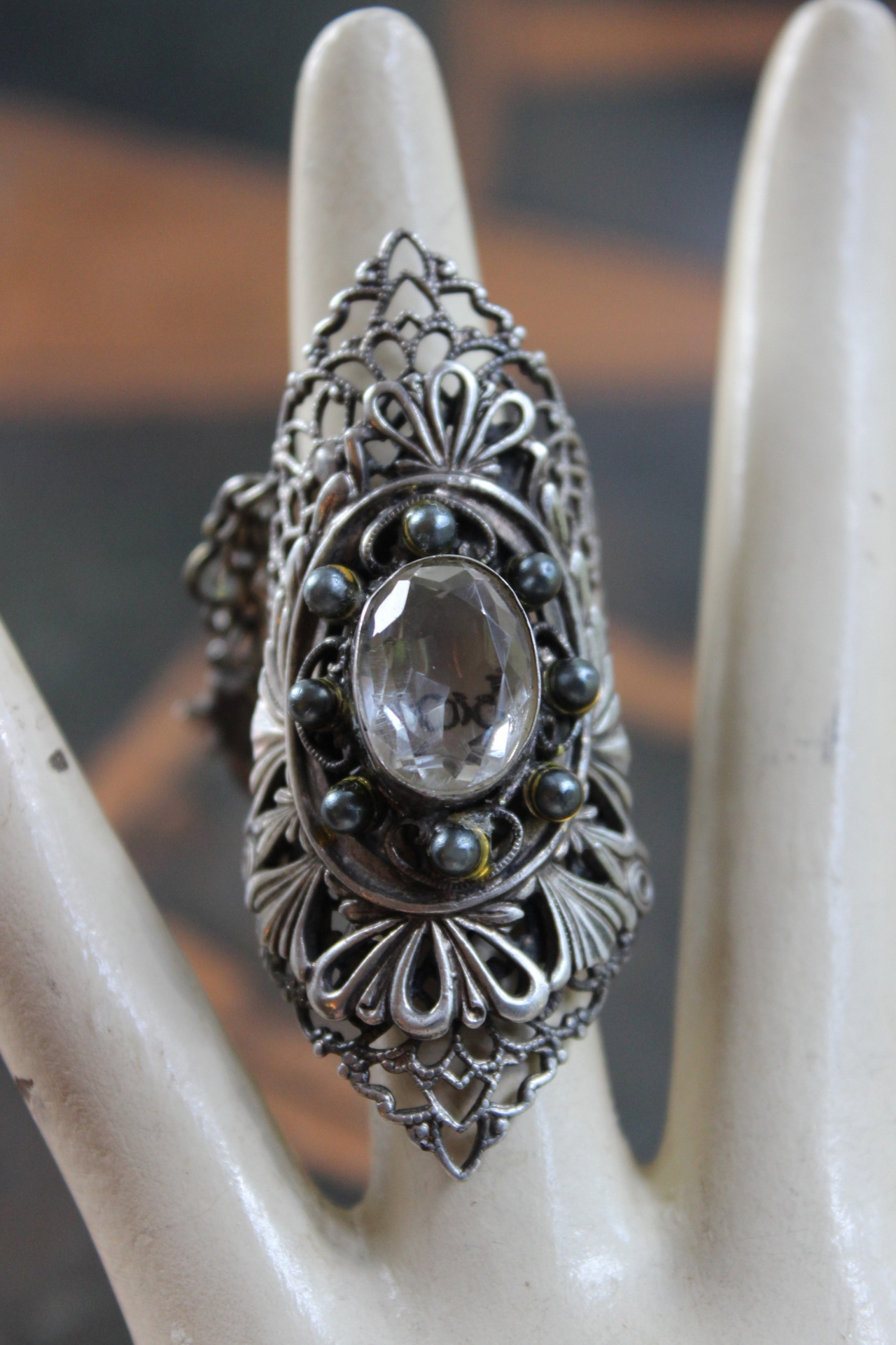 The Word of God Ring with Unique Long Vintage Sterling Filigree Ring, Faceted Rock Quartz & Tiny Antique Medals