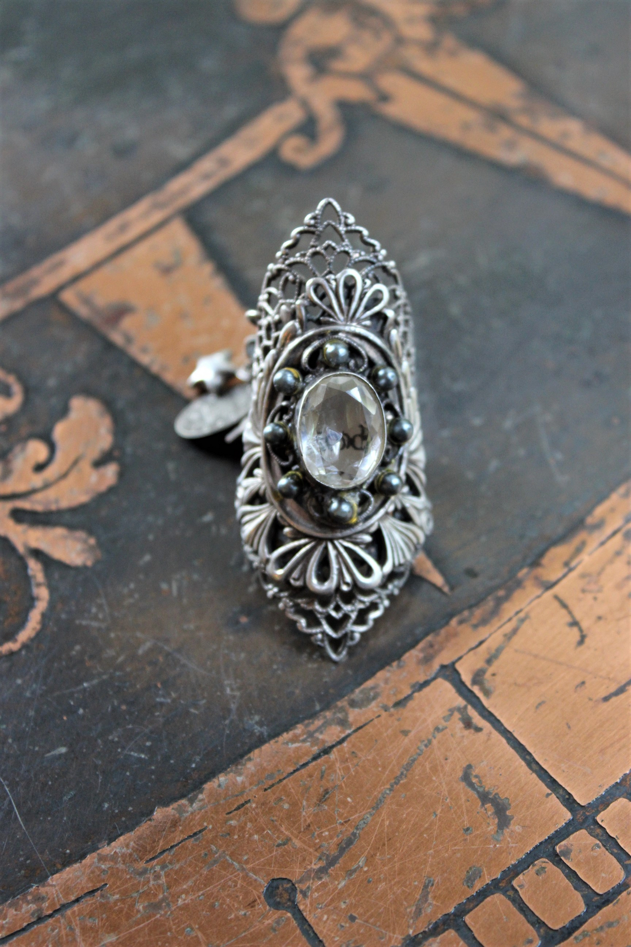 The Word of God Ring with Unique Long Vintage Sterling Filigree Ring, Faceted Rock Quartz & Tiny Antique Medals