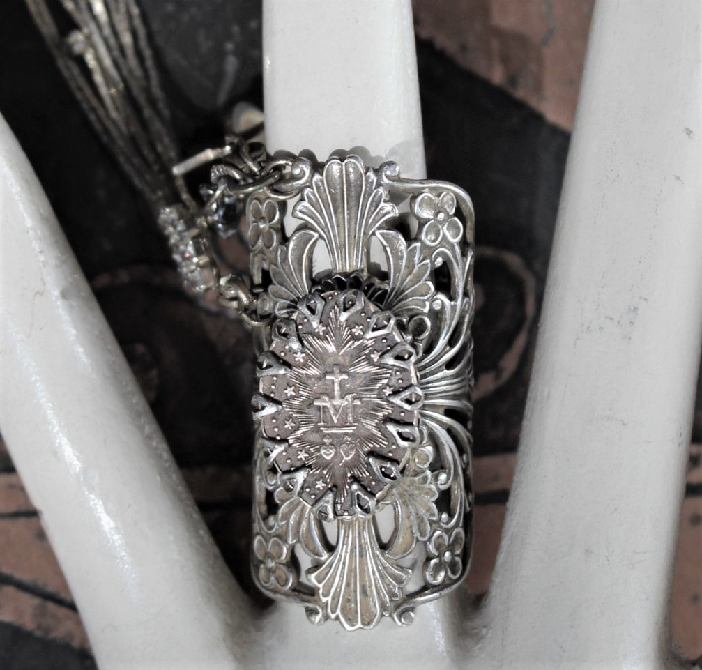 Long Vintage Filigree Ring with Antique French Sacred Heart Medal, Antique Sterling Vermeil Cross, Antique Faceted Rock Crystal Drop & Crystal Chain Tassel