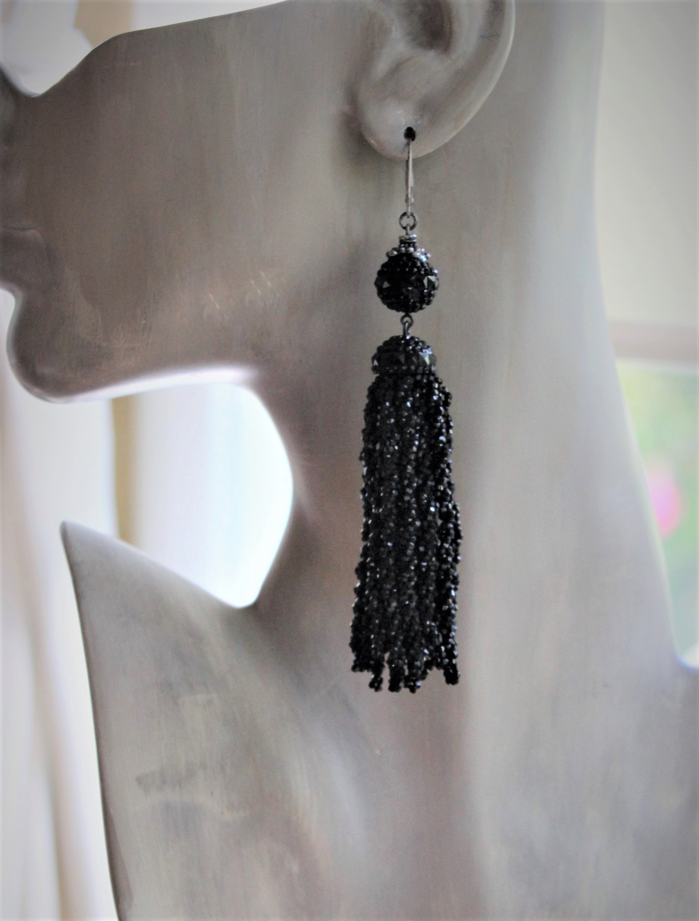 Rare Antique European Tiny Faceted Jet Bead Tassel Earrings