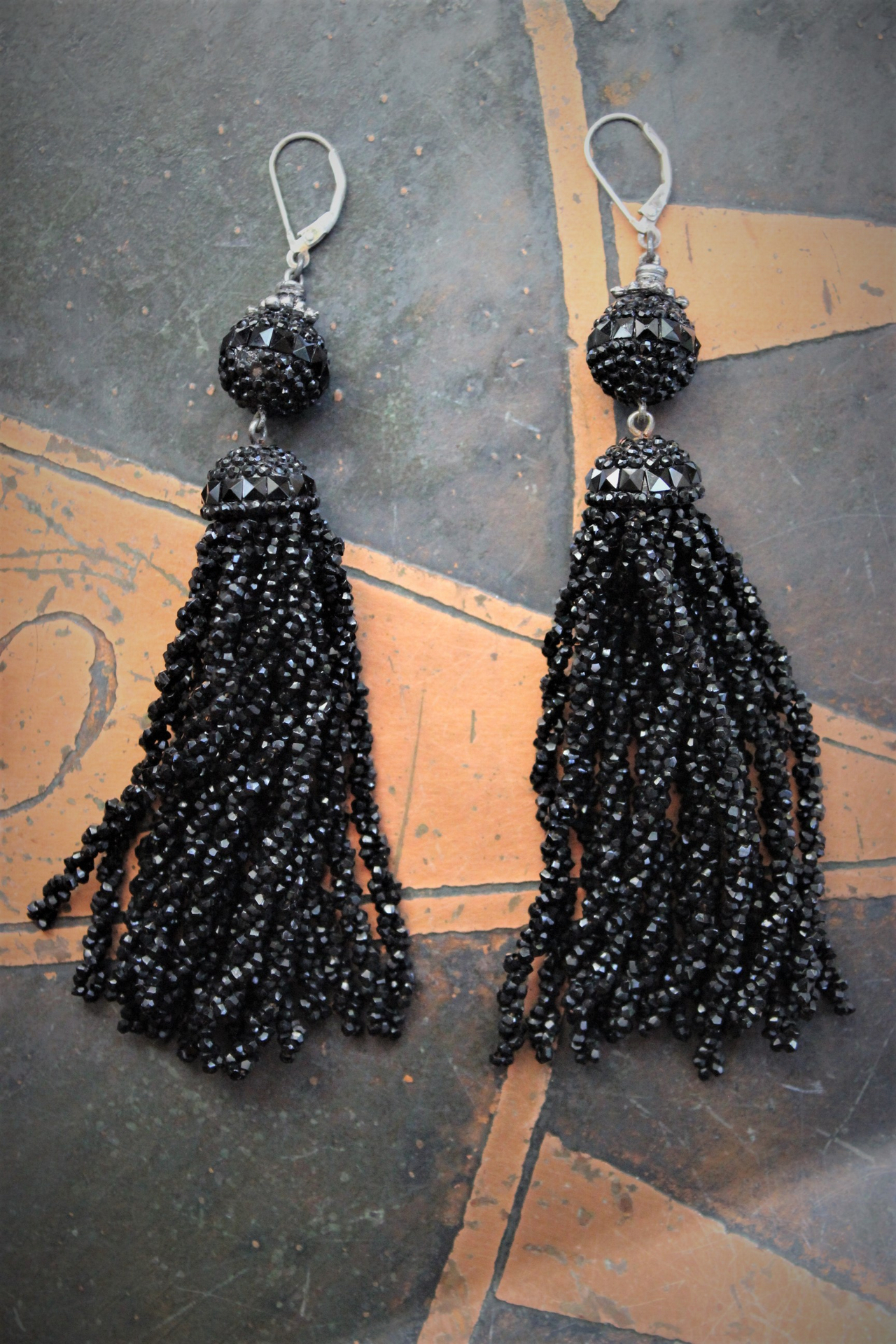 Rare Antique European Tiny Faceted Jet Bead Tassel Earrings