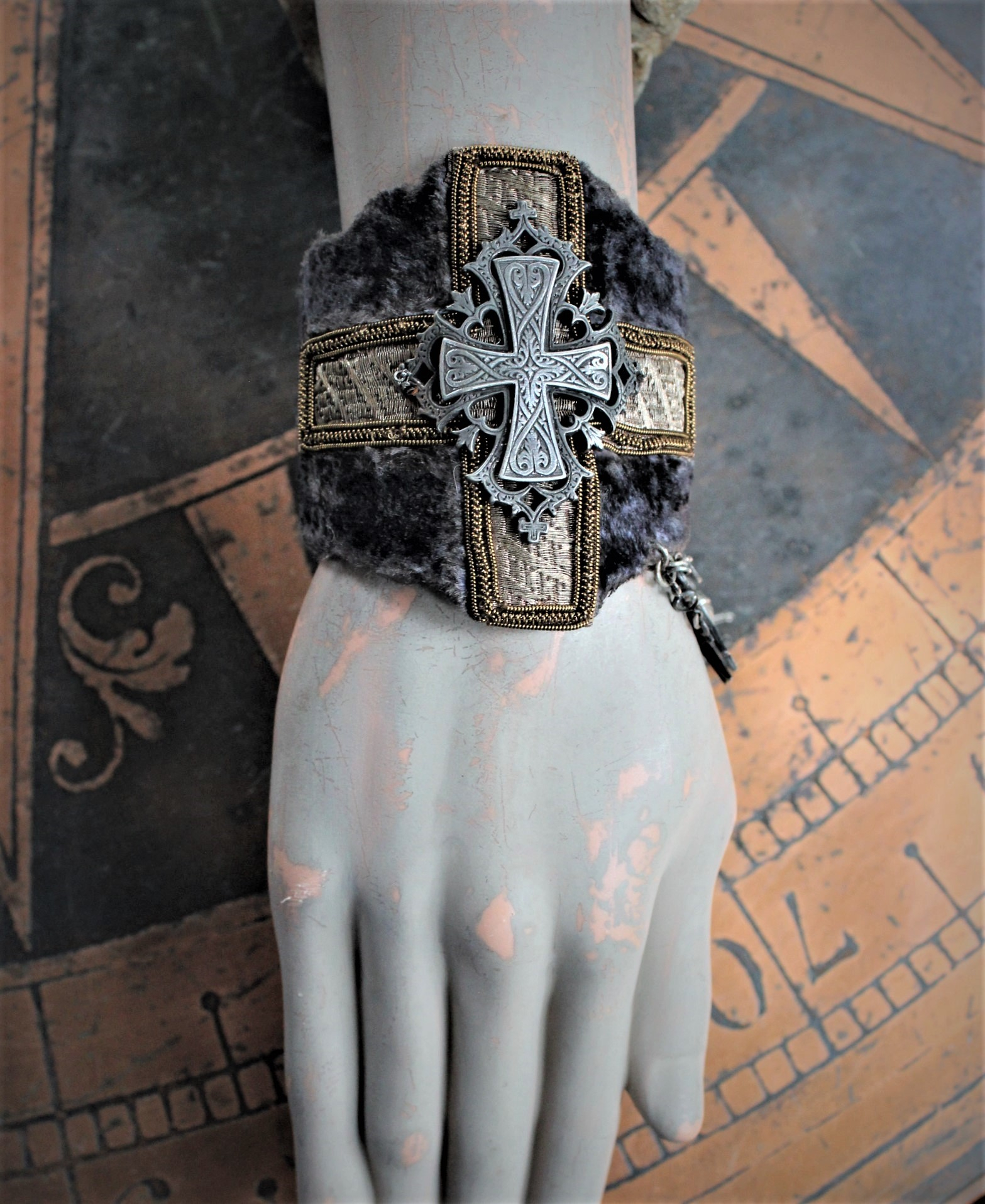 Wide Antique Panne Velvet & Vestment Cross Cuff Bracelet with Antique French Cross, Medals and Chain Tassel