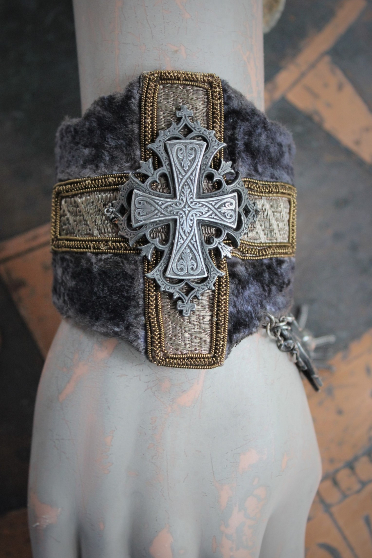 Wide Antique Panne Velvet & Vestment Cross Cuff Bracelet with Antique French Cross, Medals and Chain Tassel