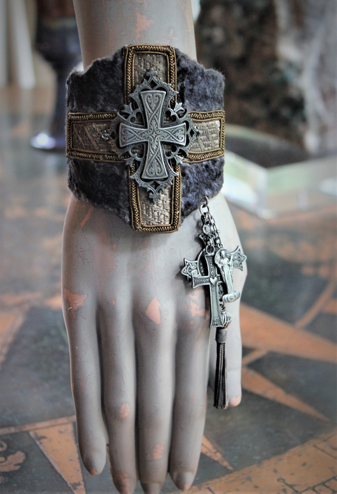 Wide Antique Panne Velvet & Vestment Cross Cuff Bracelet with Antique French Cross, Medals and Chain Tassel