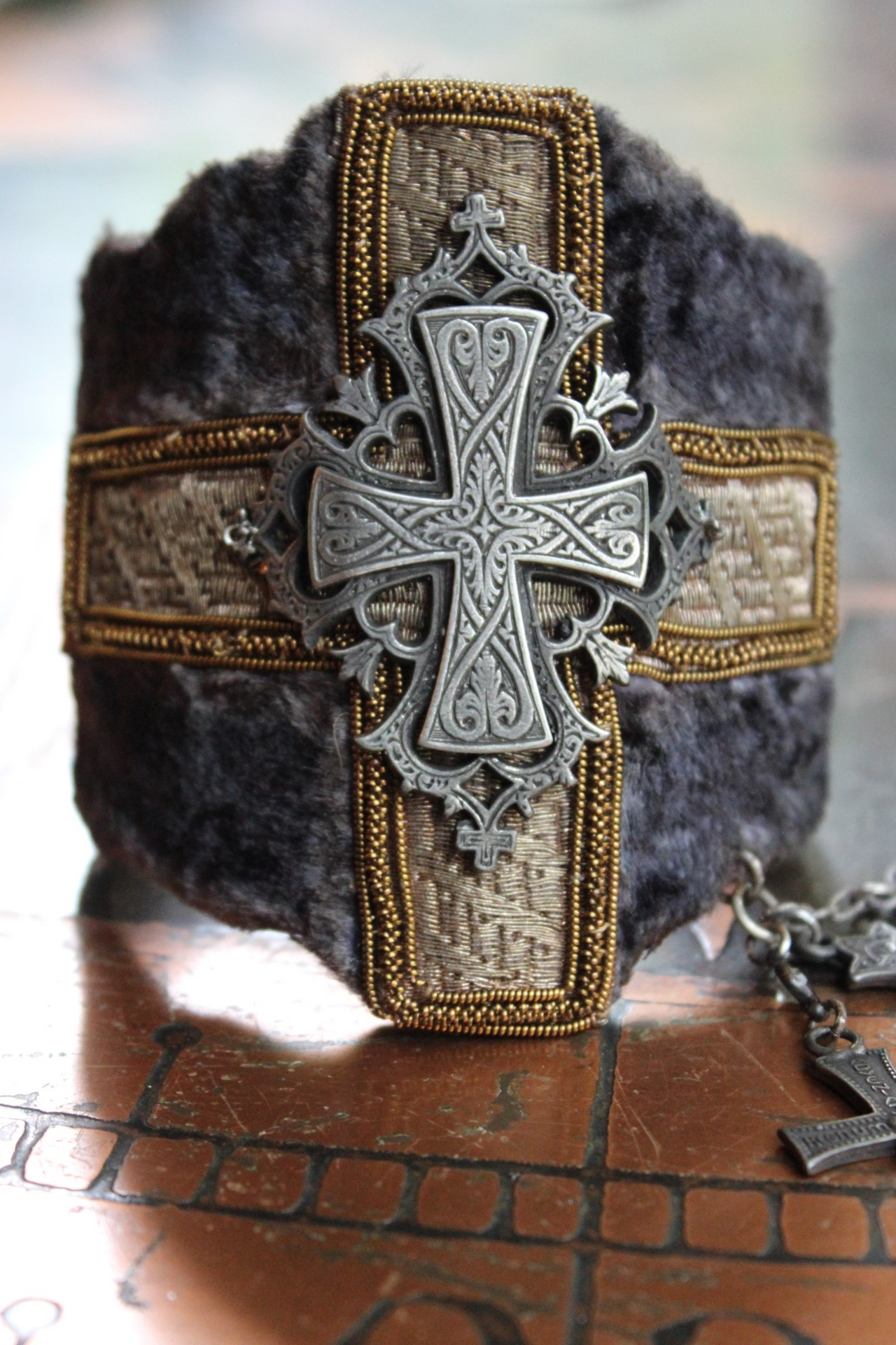 Wide Antique Panne Velvet & Vestment Cross Cuff Bracelet with Antique French Cross, Medals and Chain Tassel