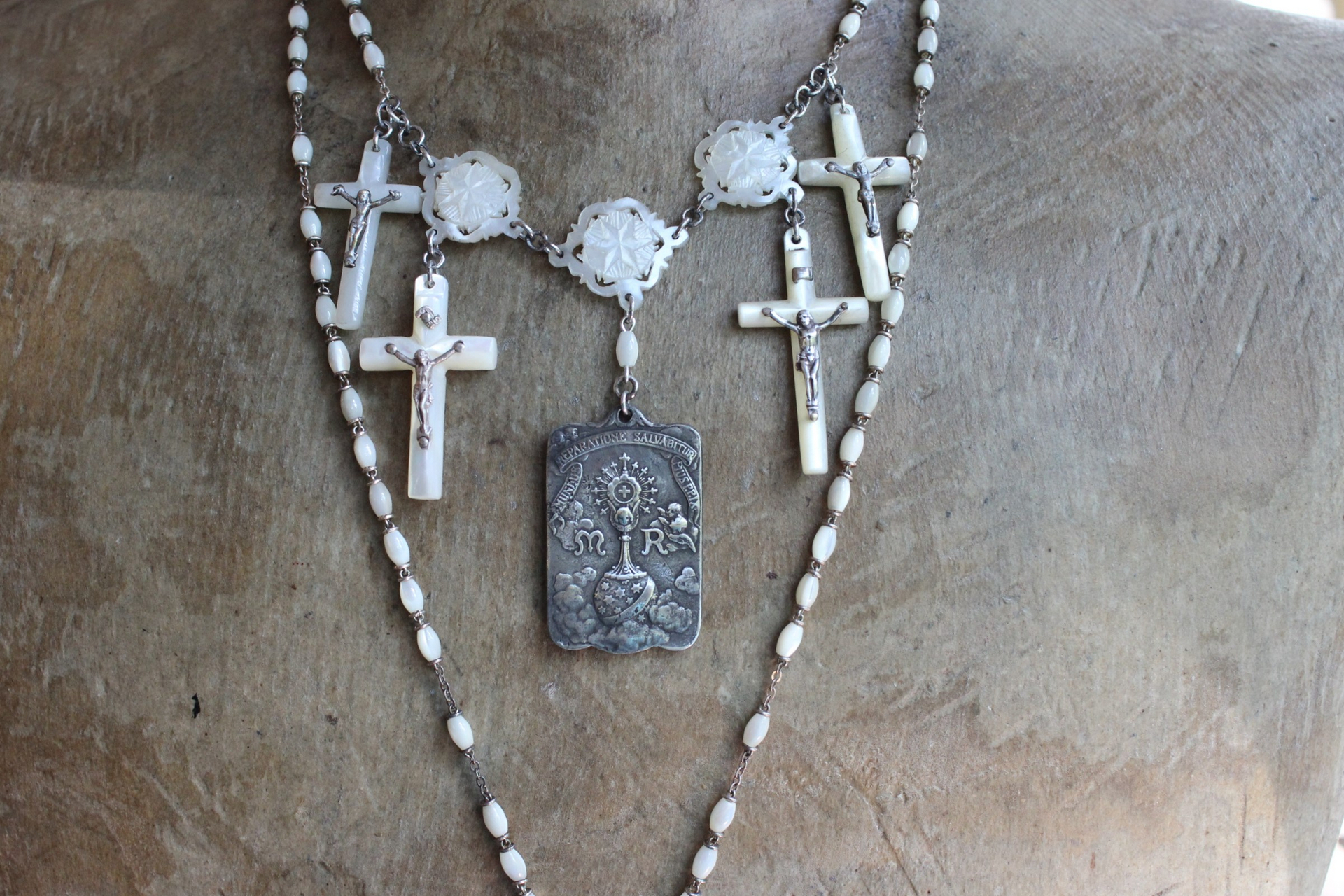 The Reparation Necklace with Beautiful French Reparations Medal,Sacred Heart Cross,Antique French Mother of Pearl Crucifixes,Antique Carved Mother of Pearl Findings