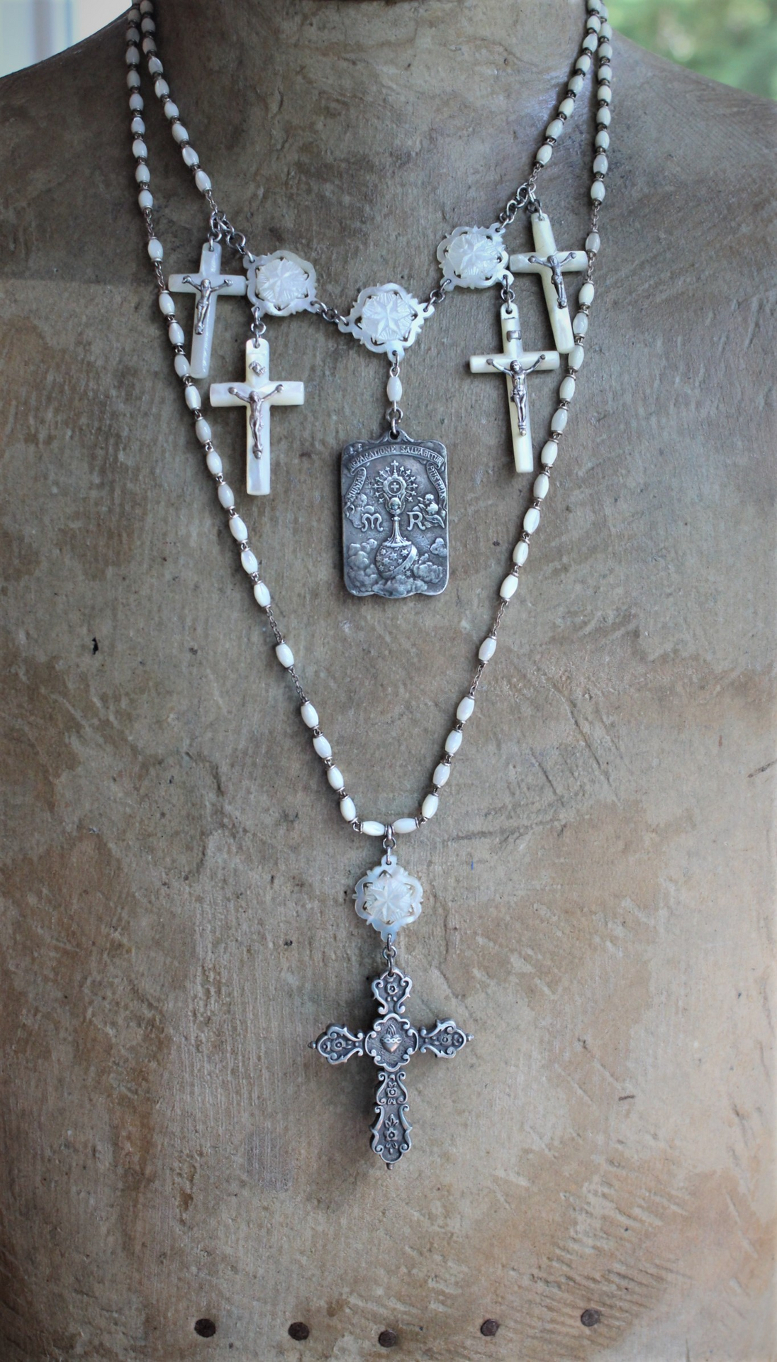 The Reparation Necklace with Beautiful French Reparations Medal,Sacred Heart Cross,Antique French Mother of Pearl Crucifixes,Antique Carved Mother of Pearl Findings