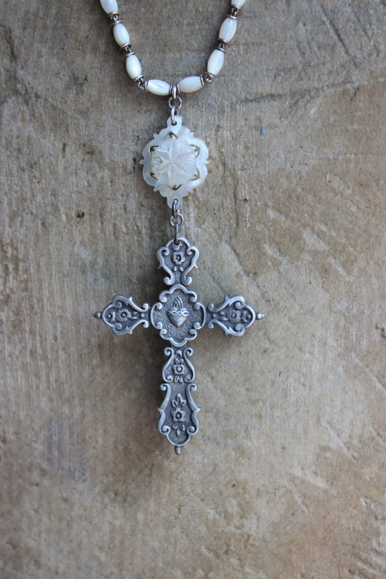 The Reparation Necklace with Beautiful French Reparations Medal,Sacred Heart Cross,Antique French Mother of Pearl Crucifixes,Antique Carved Mother of Pearl Findings