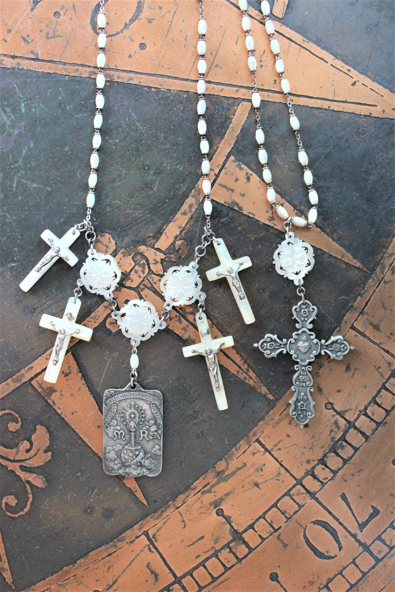 The Reparation Necklace with Beautiful French Reparations Medal,Sacred Heart Cross,Antique French Mother of Pearl Crucifixes,Antique Carved Mother of Pearl Findings