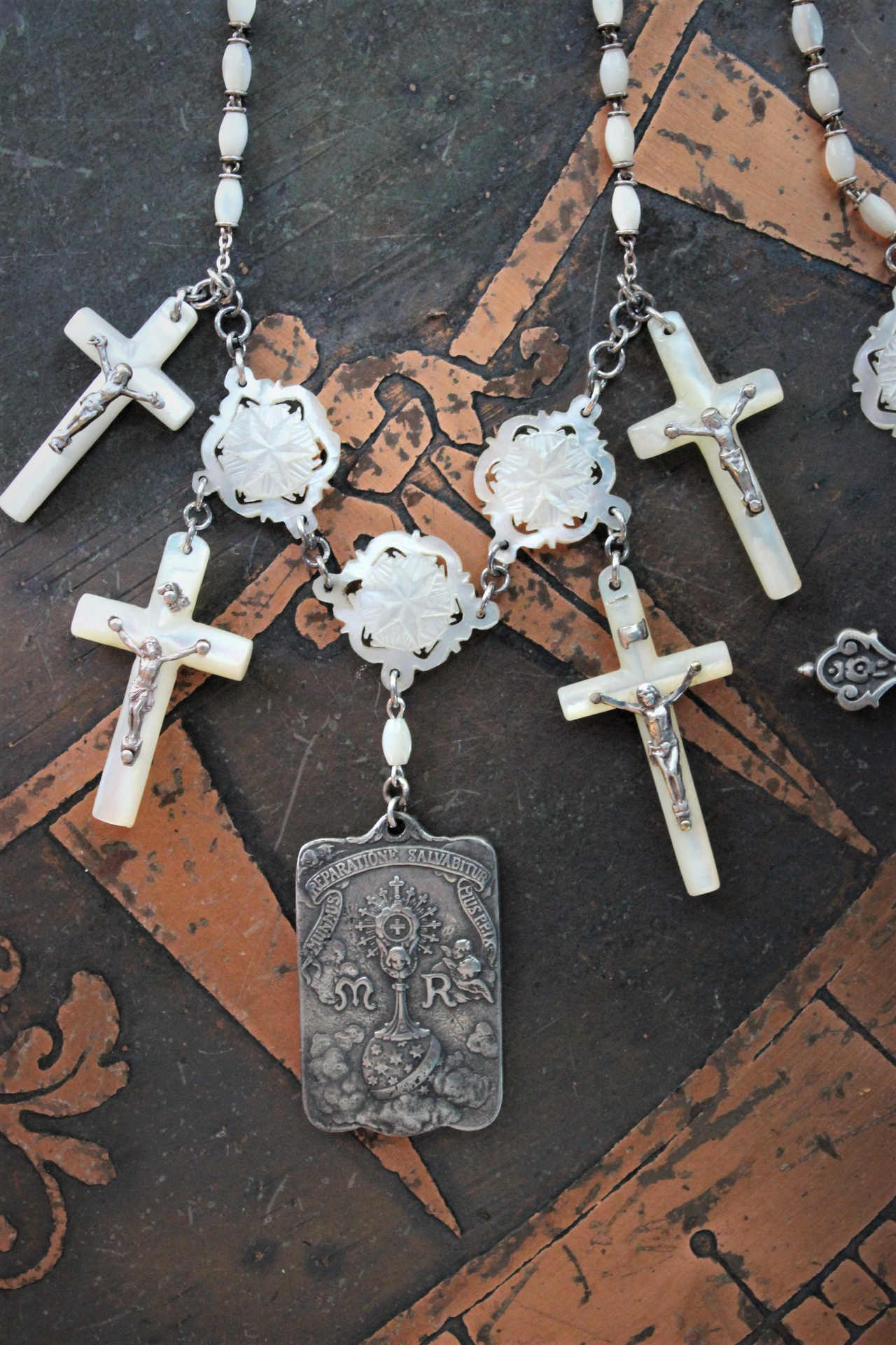 The Reparation Necklace with Beautiful French Reparations Medal,Sacred Heart Cross,Antique French Mother of Pearl Crucifixes,Antique Carved Mother of Pearl Findings