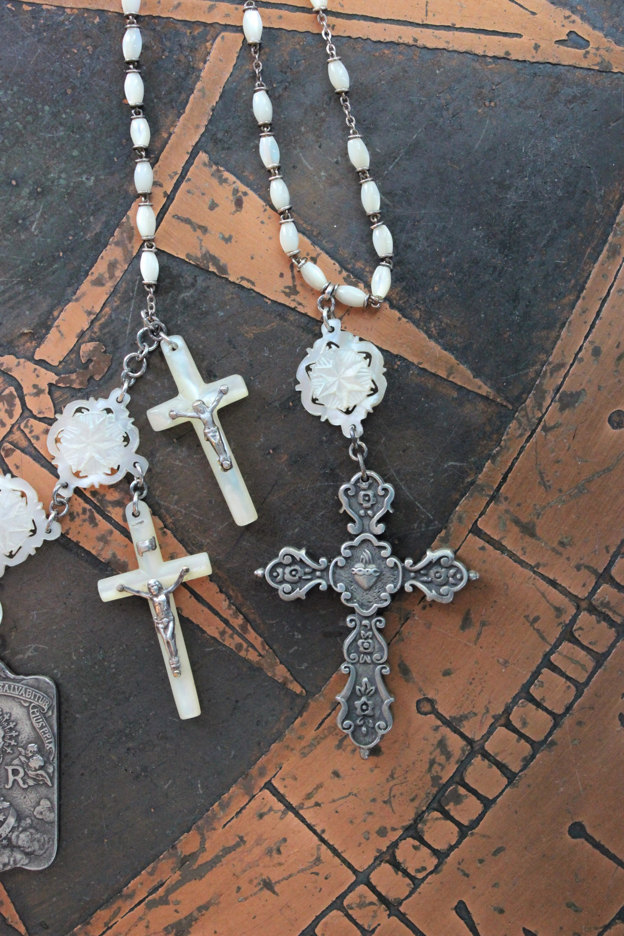 The Reparation Necklace with Beautiful French Reparations Medal,Sacred Heart Cross,Antique French Mother of Pearl Crucifixes,Antique Carved Mother of Pearl Findings