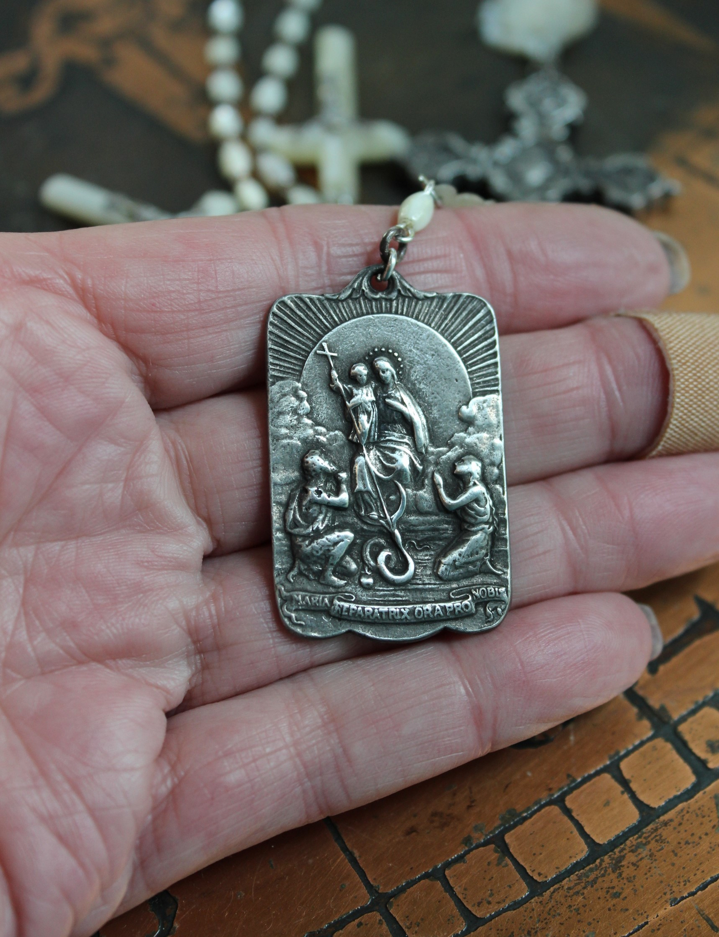 The Reparation Necklace with Beautiful French Reparations Medal,Sacred Heart Cross,Antique French Mother of Pearl Crucifixes,Antique Carved Mother of Pearl Findings