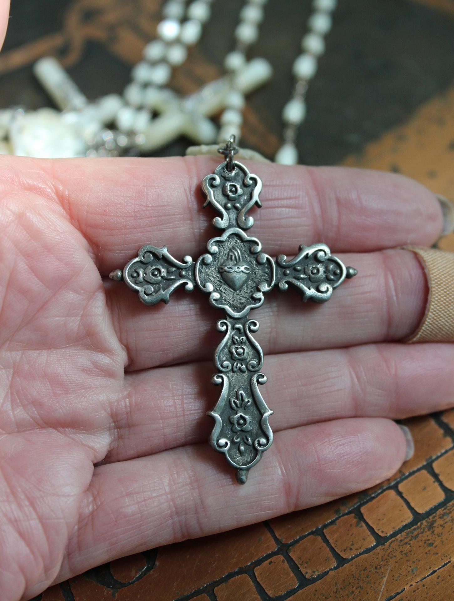 The Reparation Necklace with Beautiful French Reparations Medal,Sacred Heart Cross,Antique French Mother of Pearl Crucifixes,Antique Carved Mother of Pearl Findings