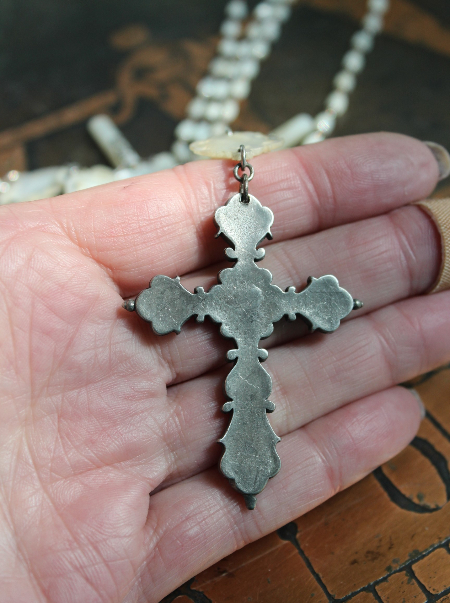 The Reparation Necklace with Beautiful French Reparations Medal,Sacred Heart Cross,Antique French Mother of Pearl Crucifixes,Antique Carved Mother of Pearl Findings