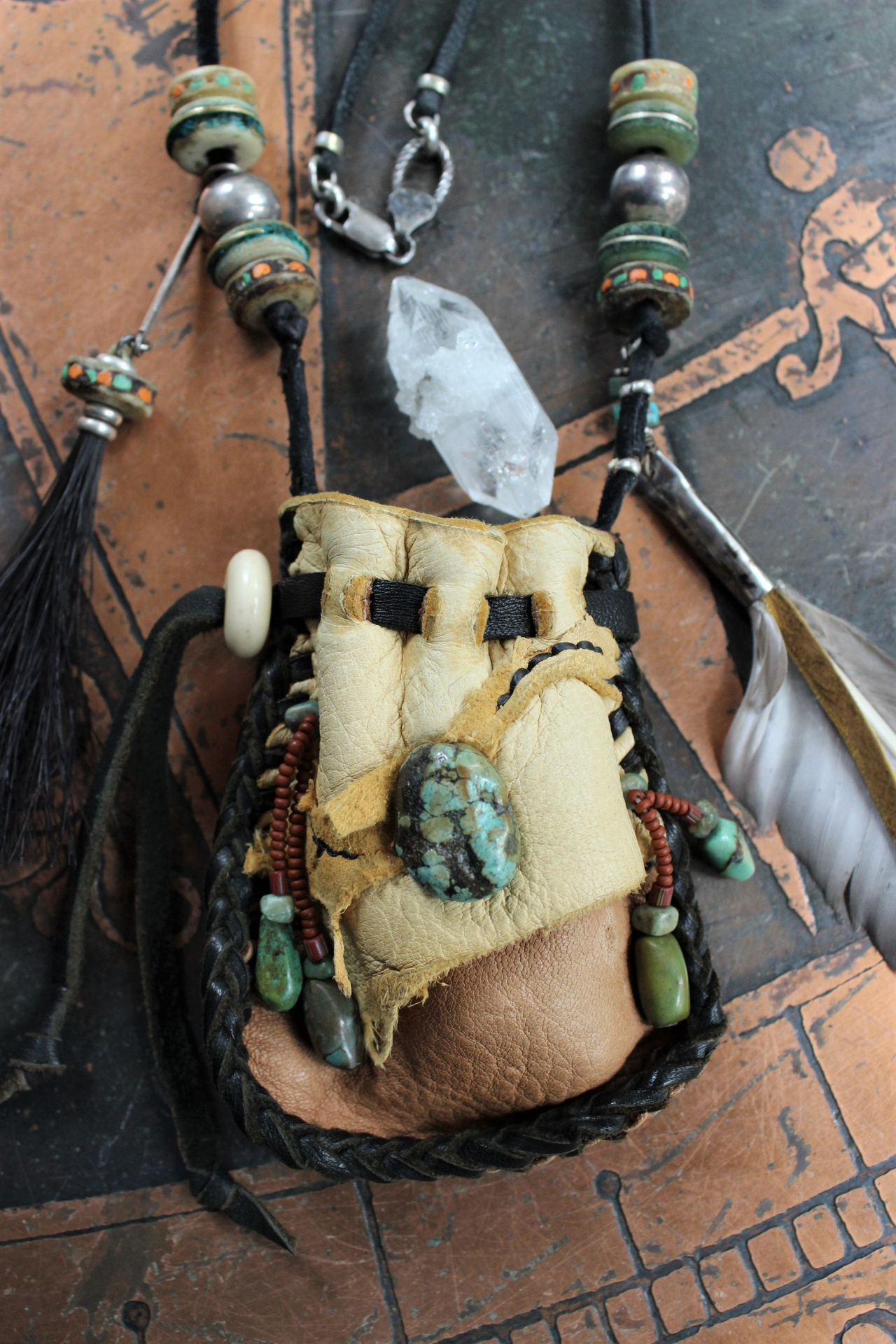 The Healing Necklace with Artisan Leather Pouch, Rare Double Point Rock Quartz, Turquoise Stones, Horse Hair and Feather Dangles,Antique Sterling Beads,Tibetan Bone Beads