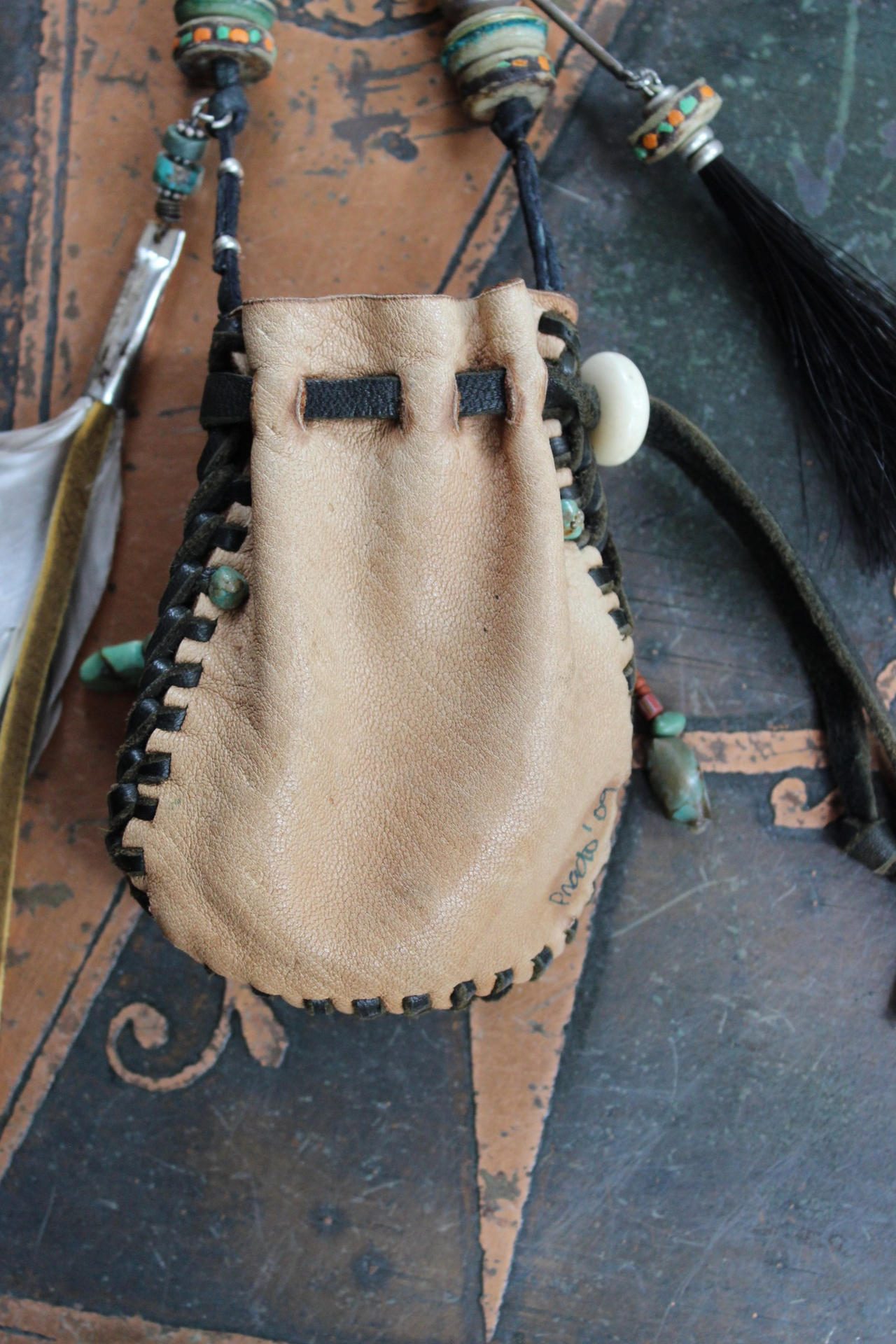 The Healing Necklace with Artisan Leather Pouch, Rare Double Point Rock Quartz, Turquoise Stones, Horse Hair and Feather Dangles,Antique Sterling Beads,Tibetan Bone Beads