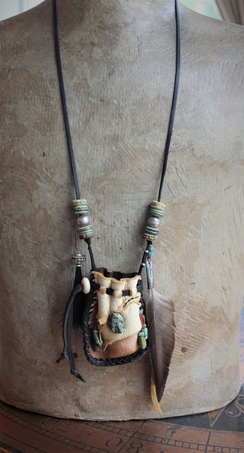 The Healing Necklace with Artisan Leather Pouch, Rare Double Point Rock Quartz, Turquoise Stones, Horse Hair and Feather Dangles,Antique Sterling Beads,Tibetan Bone Beads
