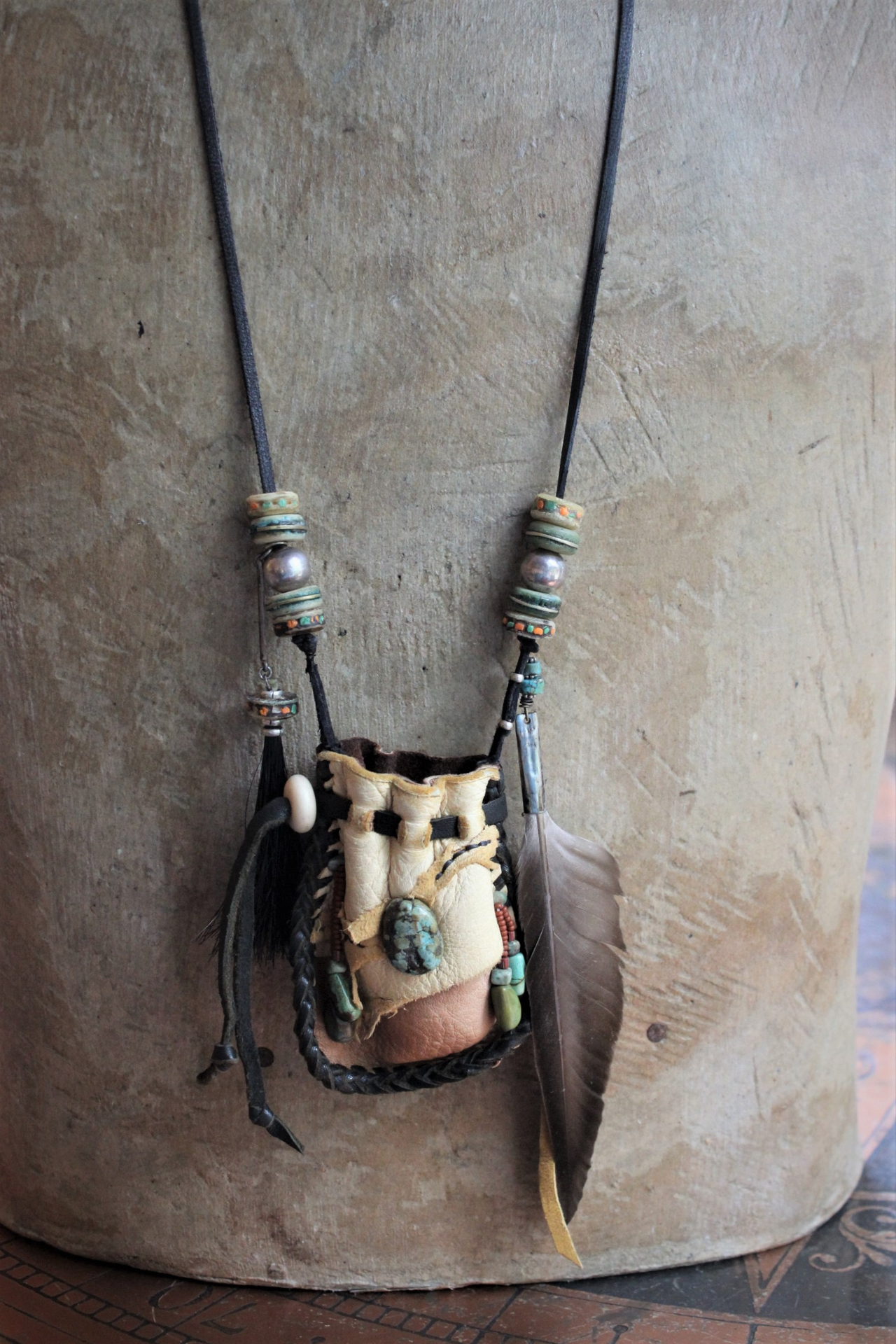 The Healing Necklace with Artisan Leather Pouch, Rare Double Point Rock Quartz, Turquoise Stones, Horse Hair and Feather Dangles,Antique Sterling Beads,Tibetan Bone Beads