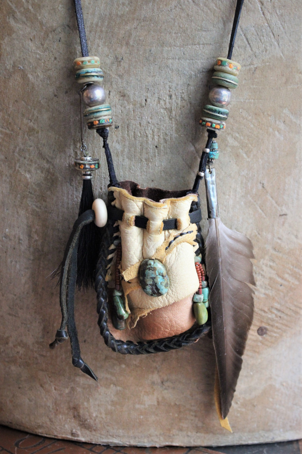 The Healing Necklace with Artisan Leather Pouch, Rare Double Point Rock Quartz, Turquoise Stones, Horse Hair and Feather Dangles,Antique Sterling Beads,Tibetan Bone Beads