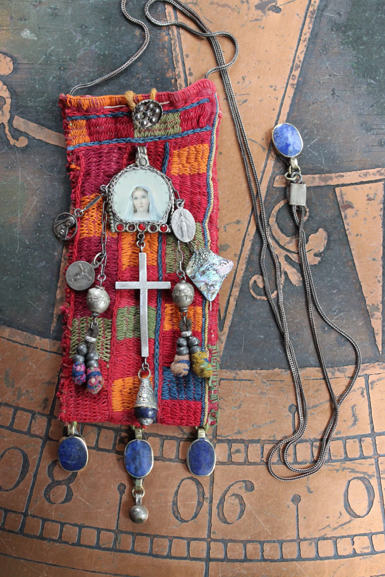 All His Grace Necklace with Antique Lambani Textile Pouch,Antique Marian Image Pendant, Vintage Sterling Cross,Antique Tassel Poms & More!