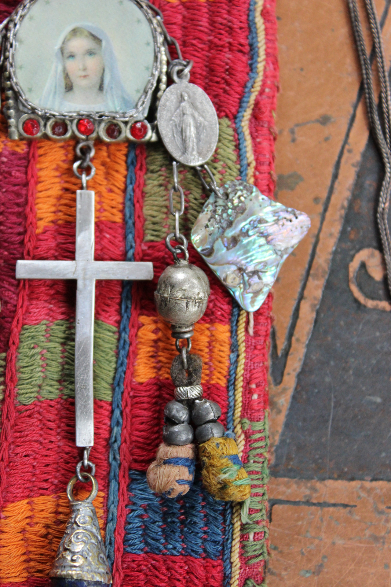 All His Grace Necklace with Antique Lambani Textile Pouch,Antique Marian Image Pendant, Vintage Sterling Cross,Antique Tassel Poms & More!