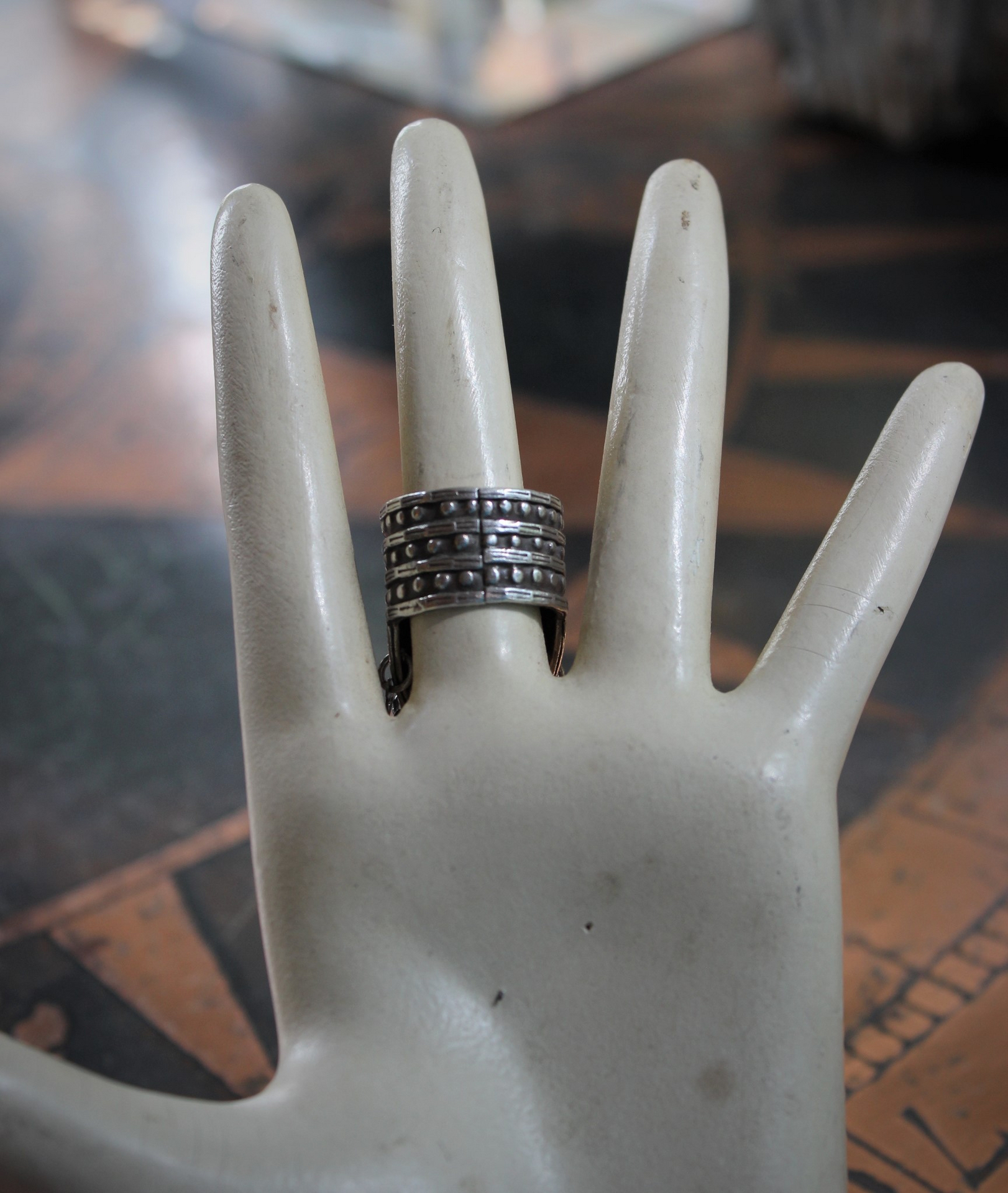 Unique Sterling Shield Dangle Ring with Miniature Antique French Medals,Tiny Bezel Set Faceted Crystal and Tiny Sterling Crosses