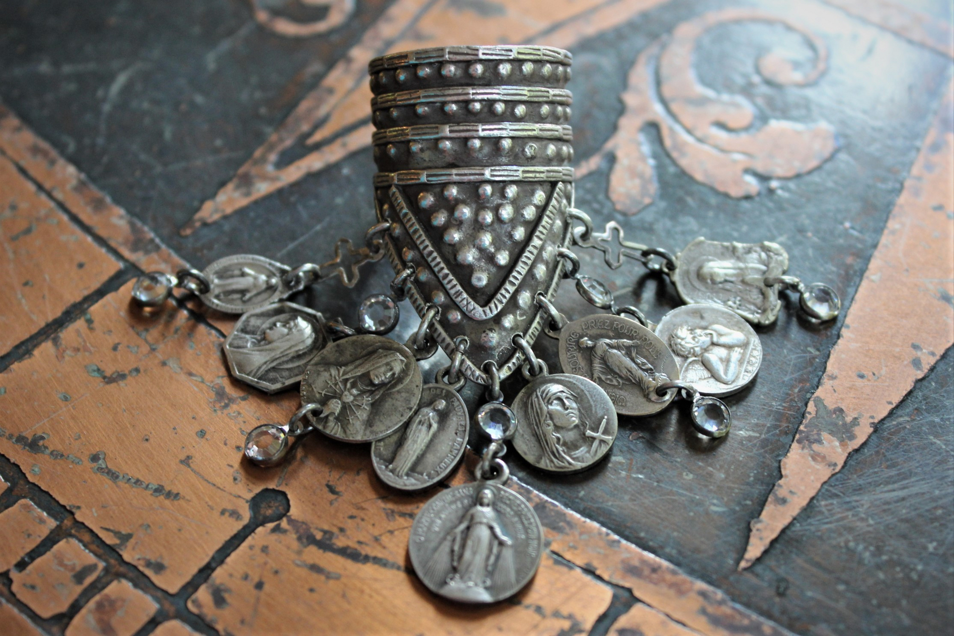 Unique Sterling Shield Dangle Ring with Miniature Antique French Medals,Tiny Bezel Set Faceted Crystal and Tiny Sterling Crosses