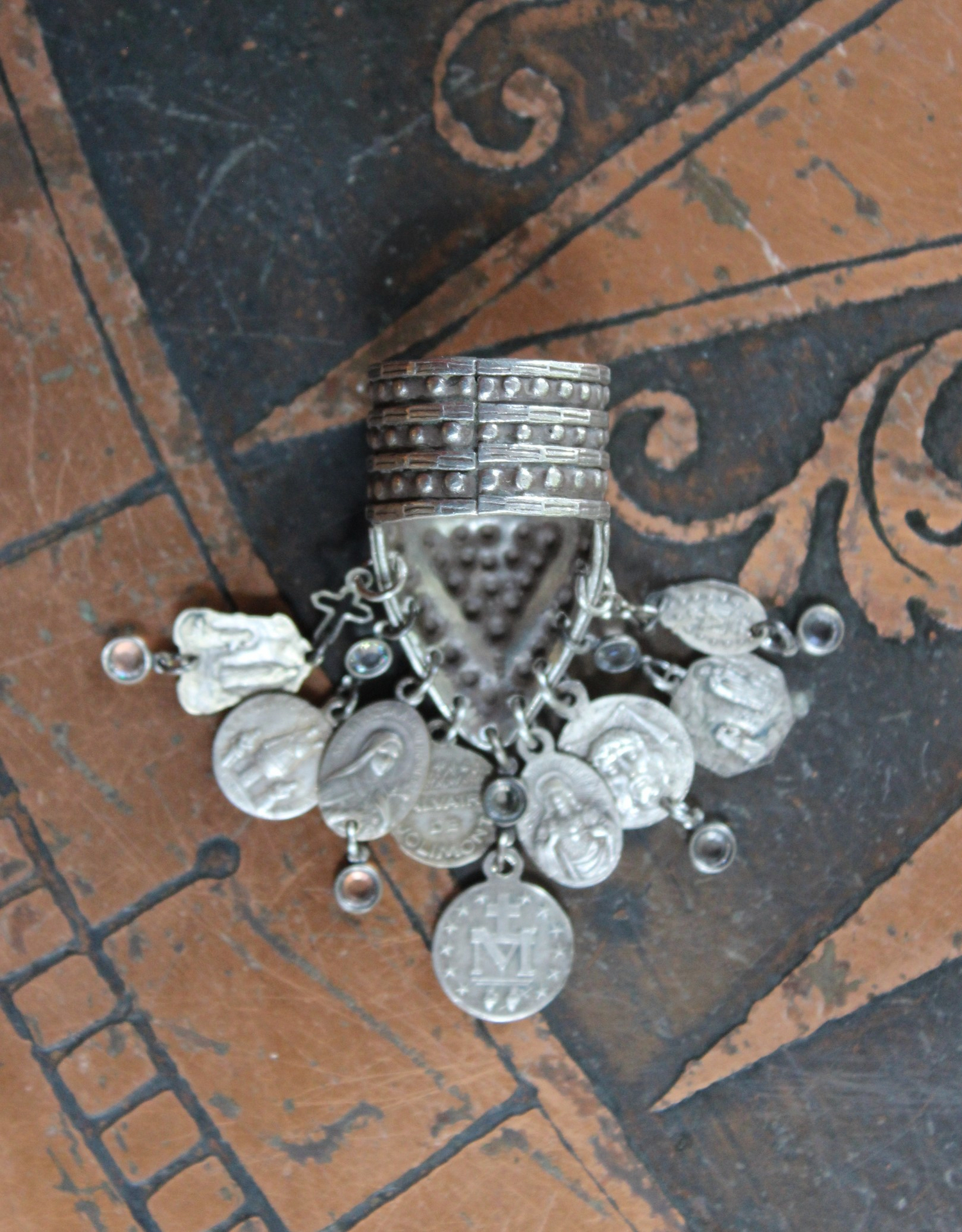 Unique Sterling Shield Dangle Ring with Miniature Antique French Medals,Tiny Bezel Set Faceted Crystal and Tiny Sterling Crosses