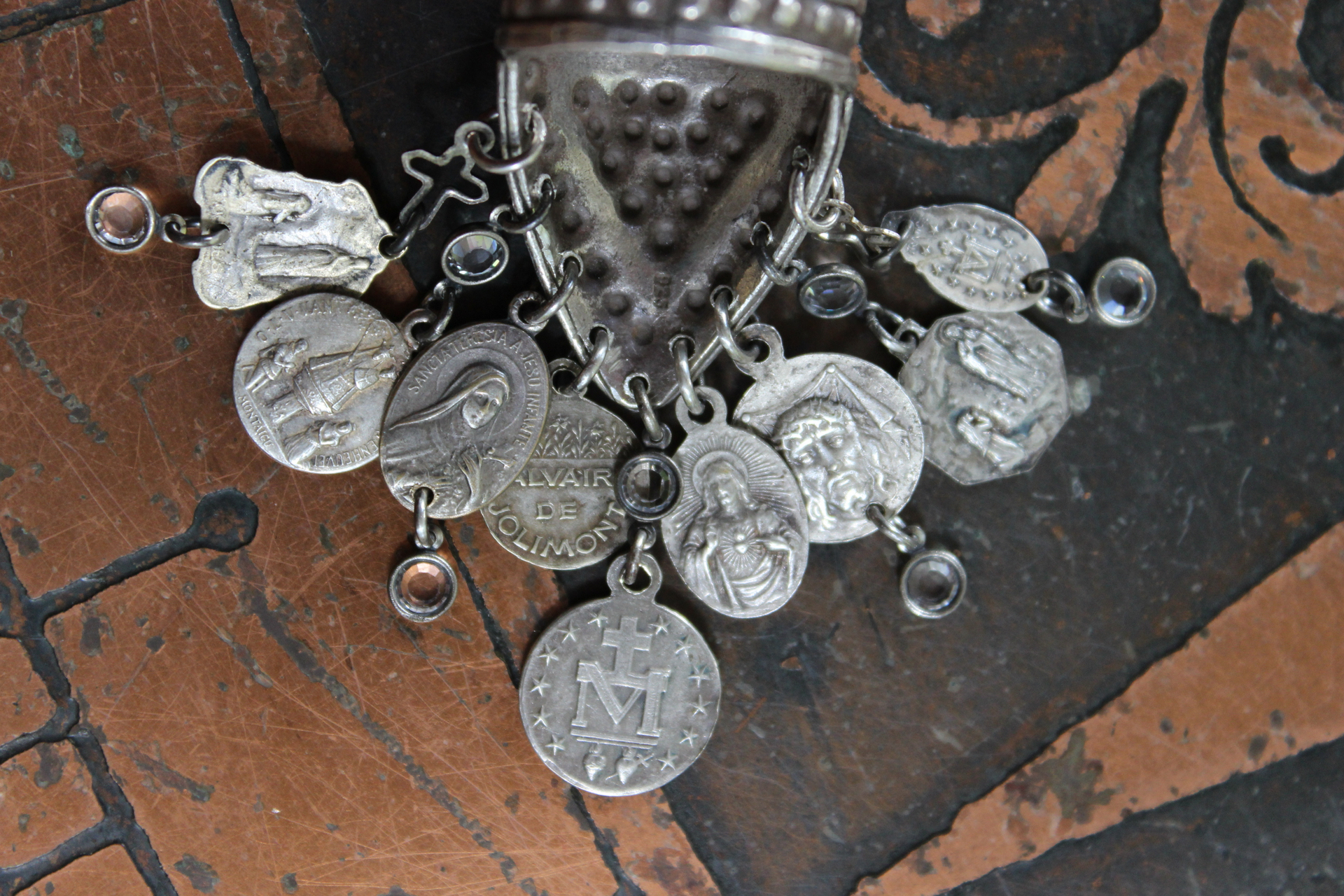 Unique Sterling Shield Dangle Ring with Miniature Antique French Medals,Tiny Bezel Set Faceted Crystal and Tiny Sterling Crosses