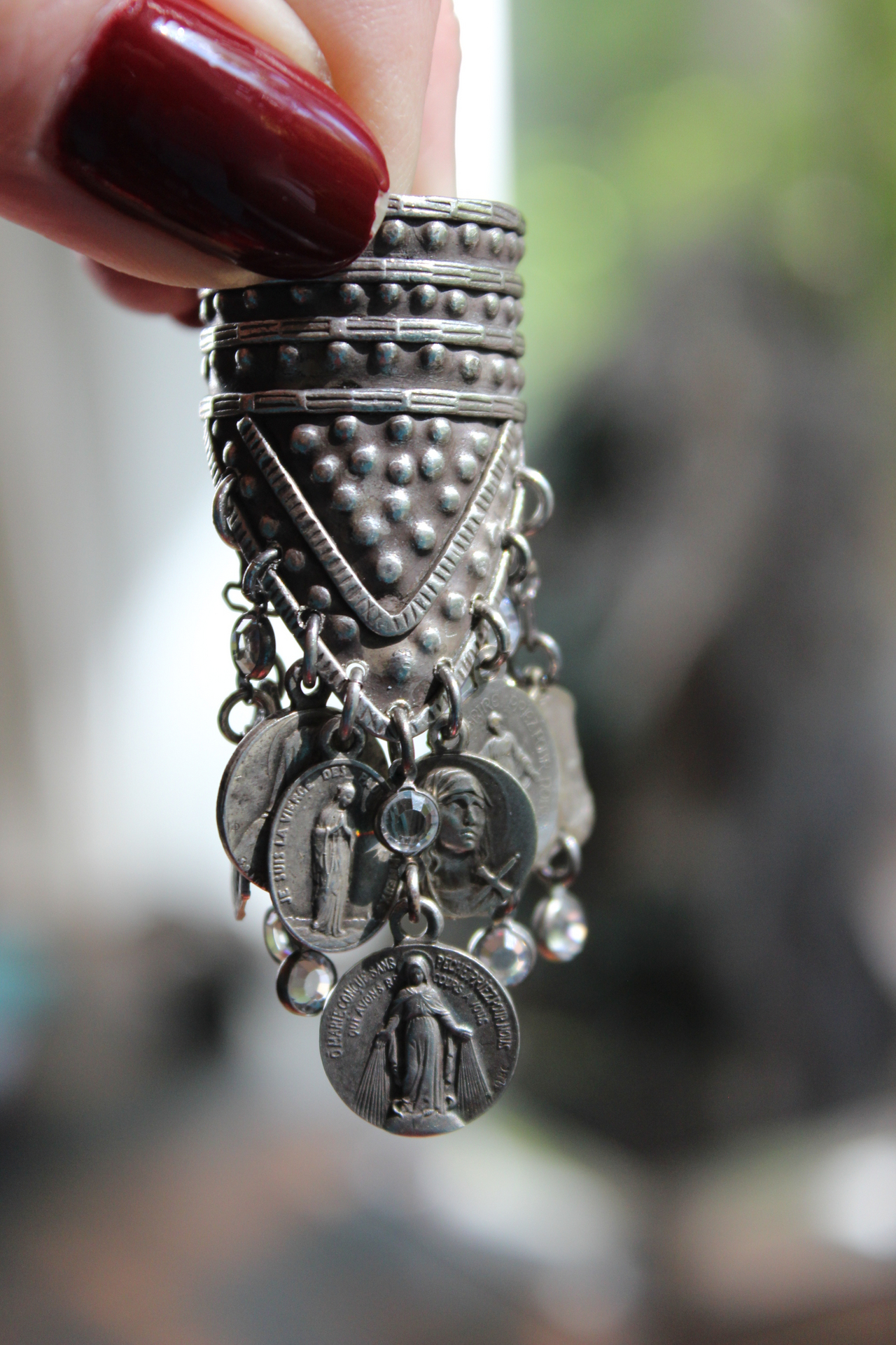 Unique Sterling Shield Dangle Ring with Miniature Antique French Medals,Tiny Bezel Set Faceted Crystal and Tiny Sterling Crosses