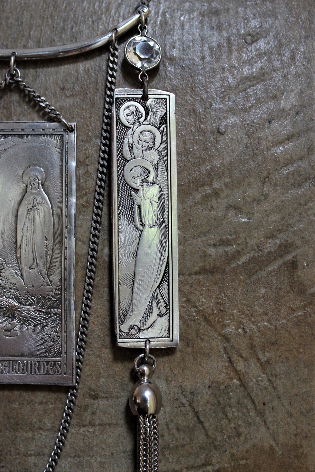 NEW! Antique French Wicker Shrine Necklace with Rare Intricately Engraved Angels & Our Lady of Lourdes Findings,Bezel Set Faceted Crystal Connectors,Chain Tassels