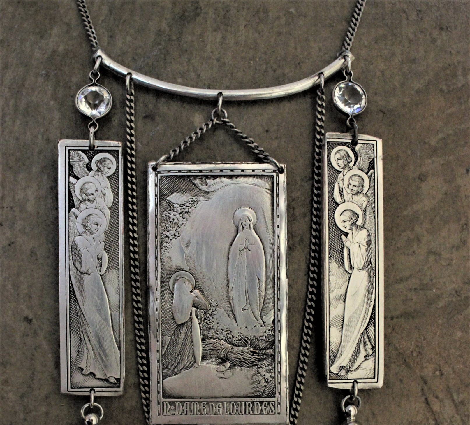 NEW! Antique French Wicker Shrine Necklace with Rare Intricately Engraved Angels & Our Lady of Lourdes Findings,Bezel Set Faceted Crystal Connectors,Chain Tassels