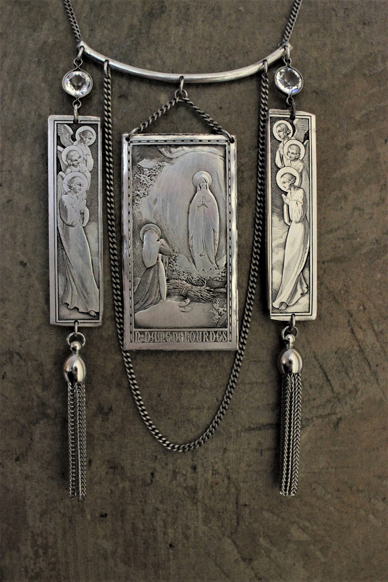 NEW! Antique French Wicker Shrine Necklace with Rare Intricately Engraved Angels & Our Lady of Lourdes Findings,Bezel Set Faceted Crystal Connectors,Chain Tassels