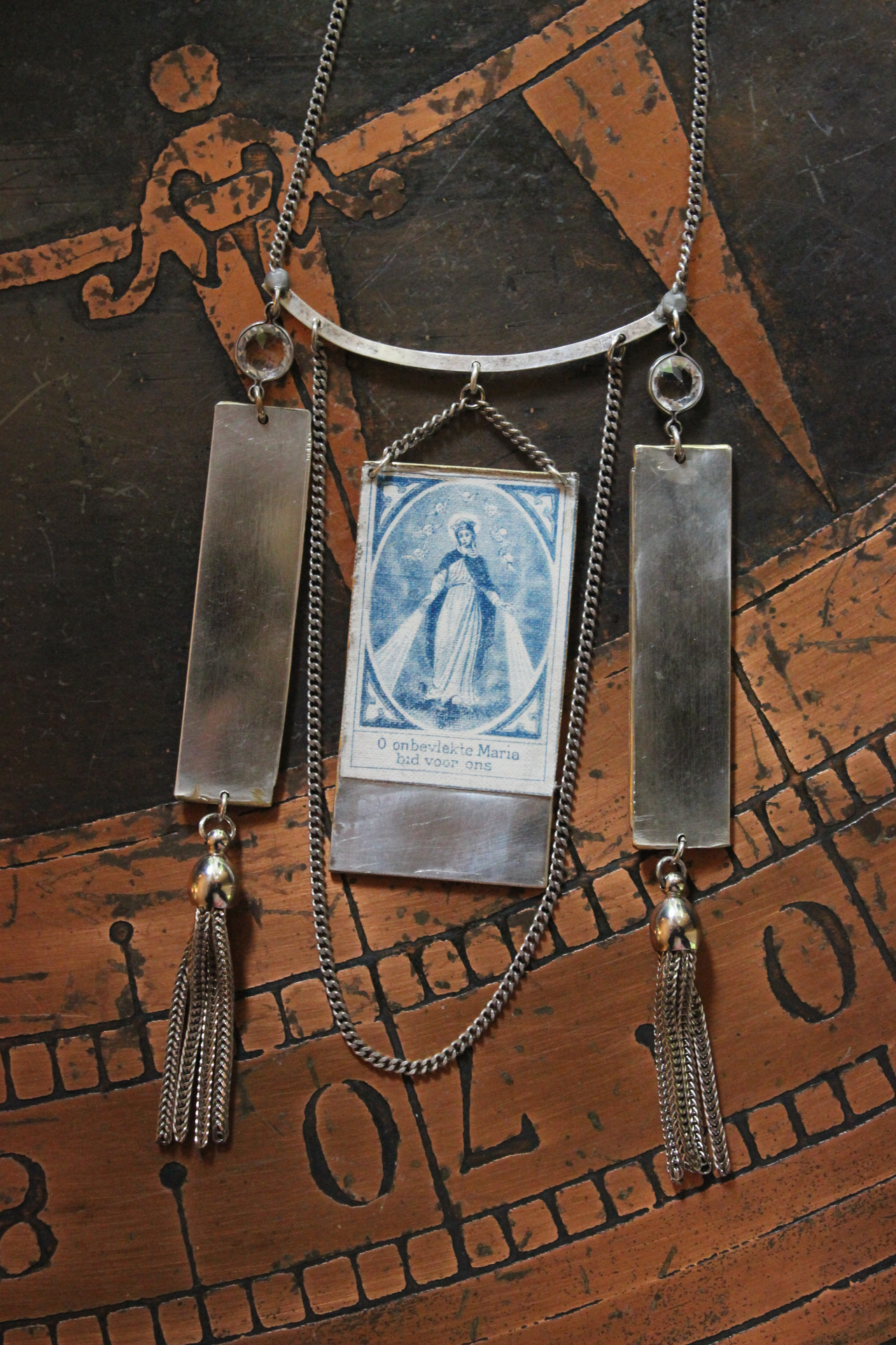 NEW! Antique French Wicker Shrine Necklace with Rare Intricately Engraved Angels & Our Lady of Lourdes Findings,Bezel Set Faceted Crystal Connectors,Chain Tassels