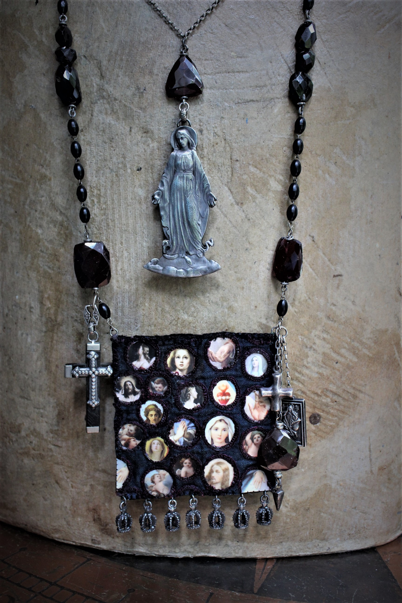 Keep Standing Necklace with Antique Holy Image Textile Leather Pouch,Tiny Sterling Star Topped Crowns, Faceted Pyrope Garnet & Antique Rosary Bead Chain, Antique Scapulars & More!