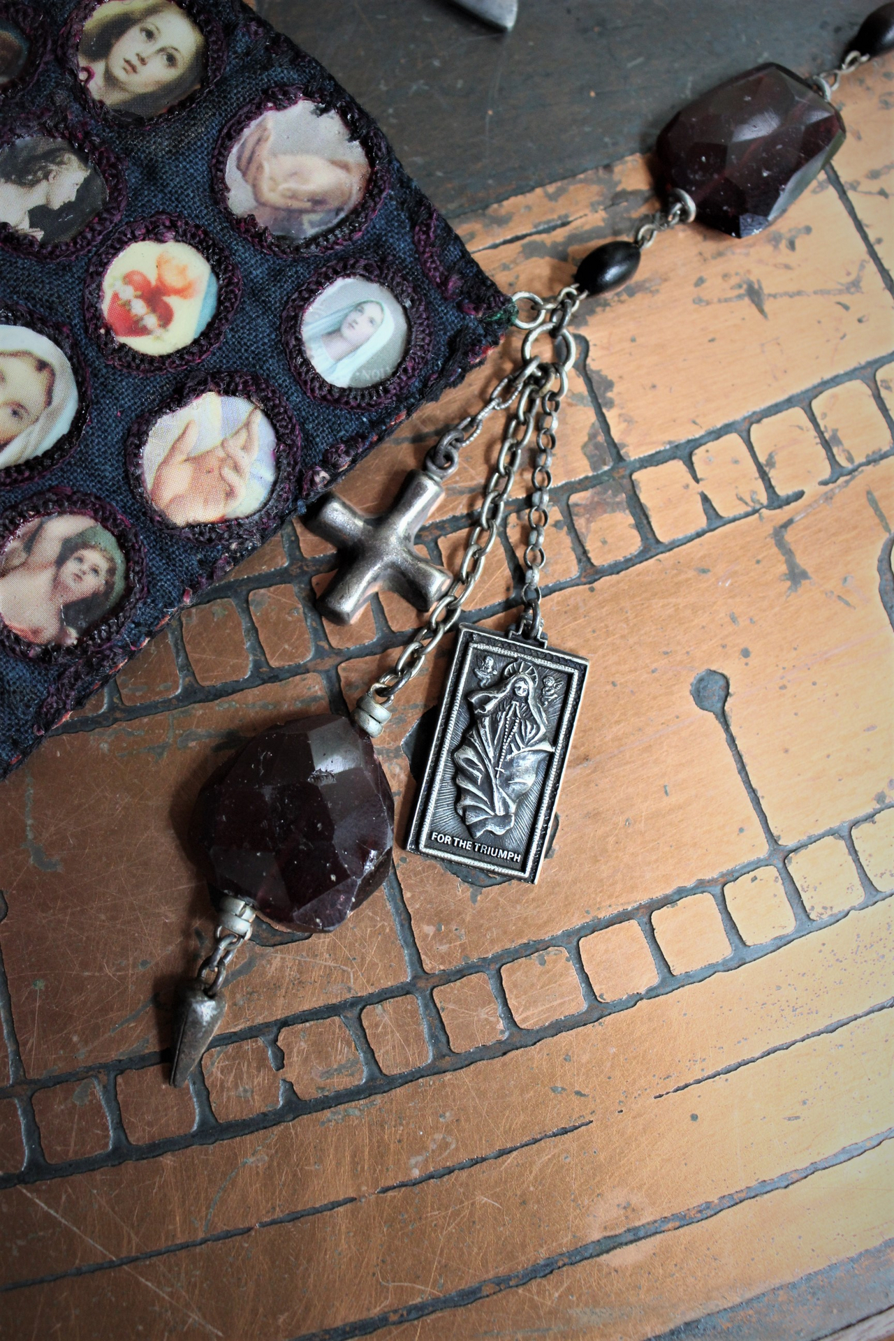 Keep Standing Necklace with Antique Holy Image Textile Leather Pouch,Tiny Sterling Star Topped Crowns, Faceted Pyrope Garnet & Antique Rosary Bead Chain, Antique Scapulars & More!