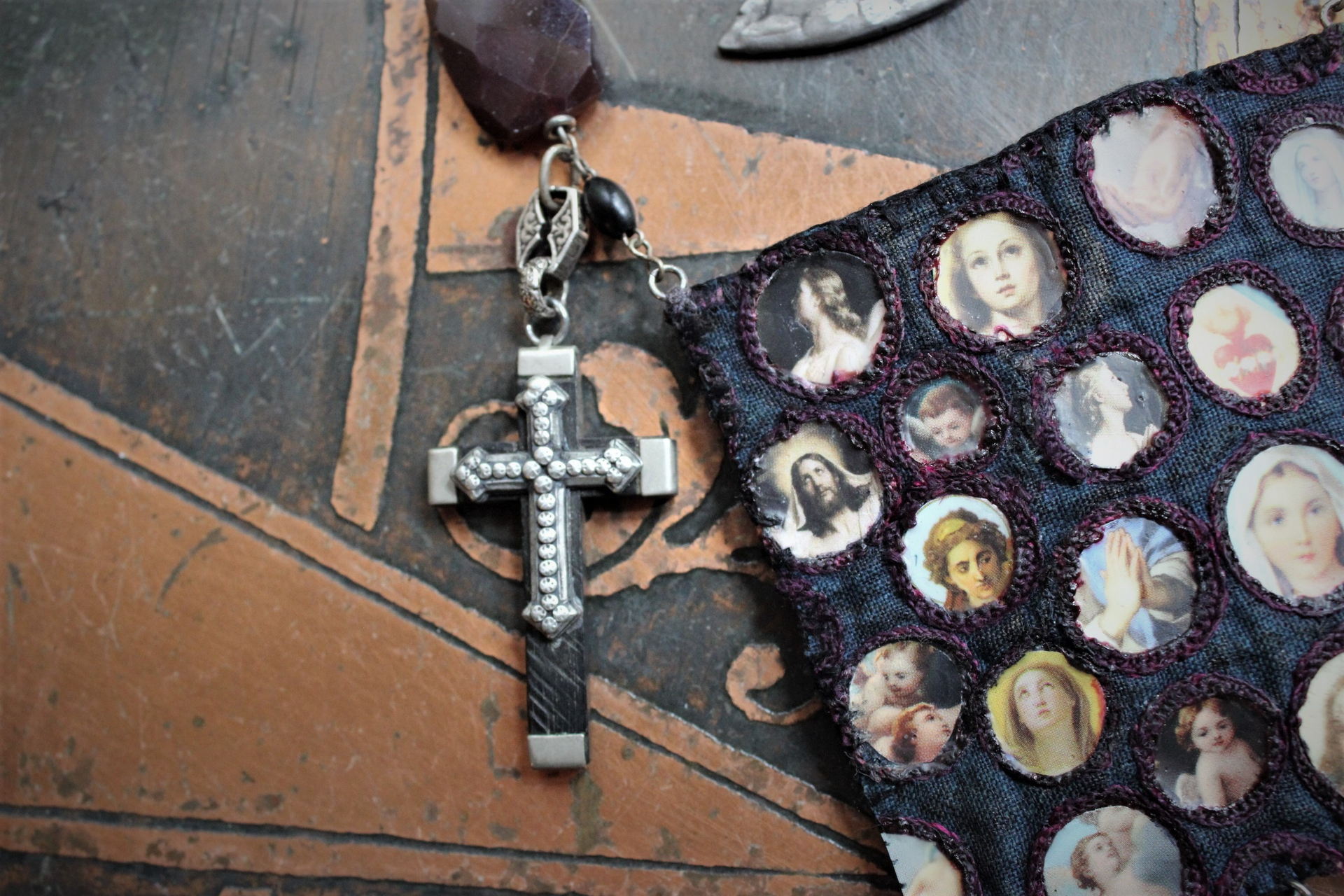 Keep Standing Necklace with Antique Holy Image Textile Leather Pouch,Tiny Sterling Star Topped Crowns, Faceted Pyrope Garnet & Antique Rosary Bead Chain, Antique Scapulars & More!