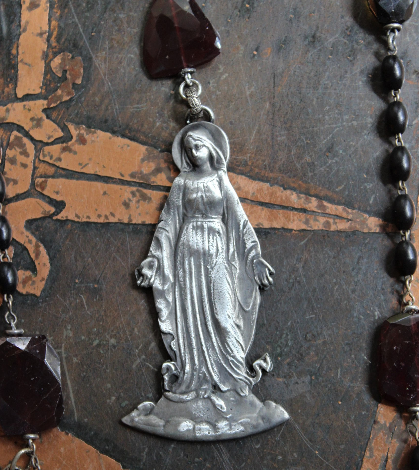 Keep Standing Necklace with Antique Holy Image Textile Leather Pouch,Tiny Sterling Star Topped Crowns, Faceted Pyrope Garnet & Antique Rosary Bead Chain, Antique Scapulars & More!