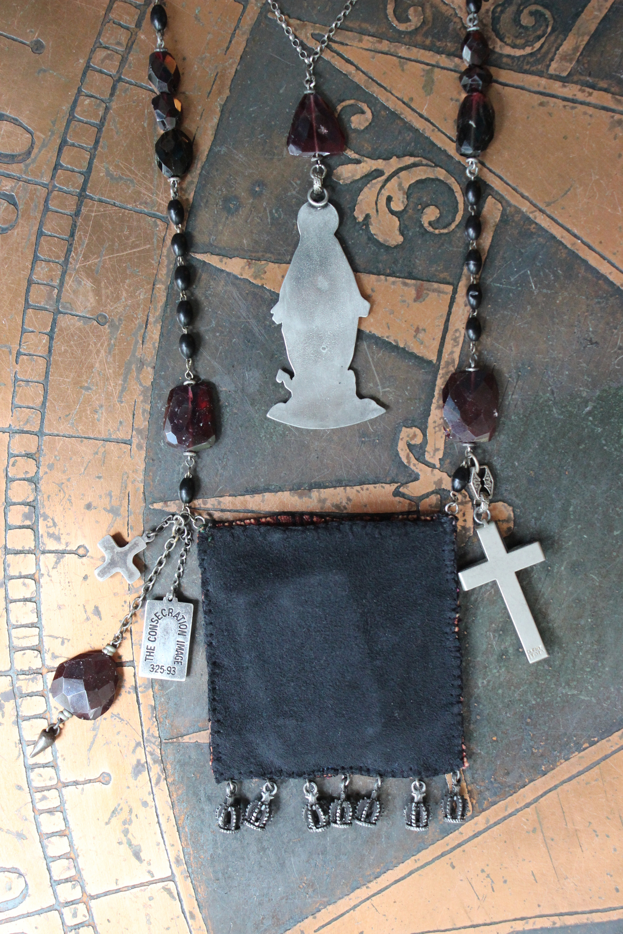 Keep Standing Necklace with Antique Holy Image Textile Leather Pouch,Tiny Sterling Star Topped Crowns, Faceted Pyrope Garnet & Antique Rosary Bead Chain, Antique Scapulars & More!