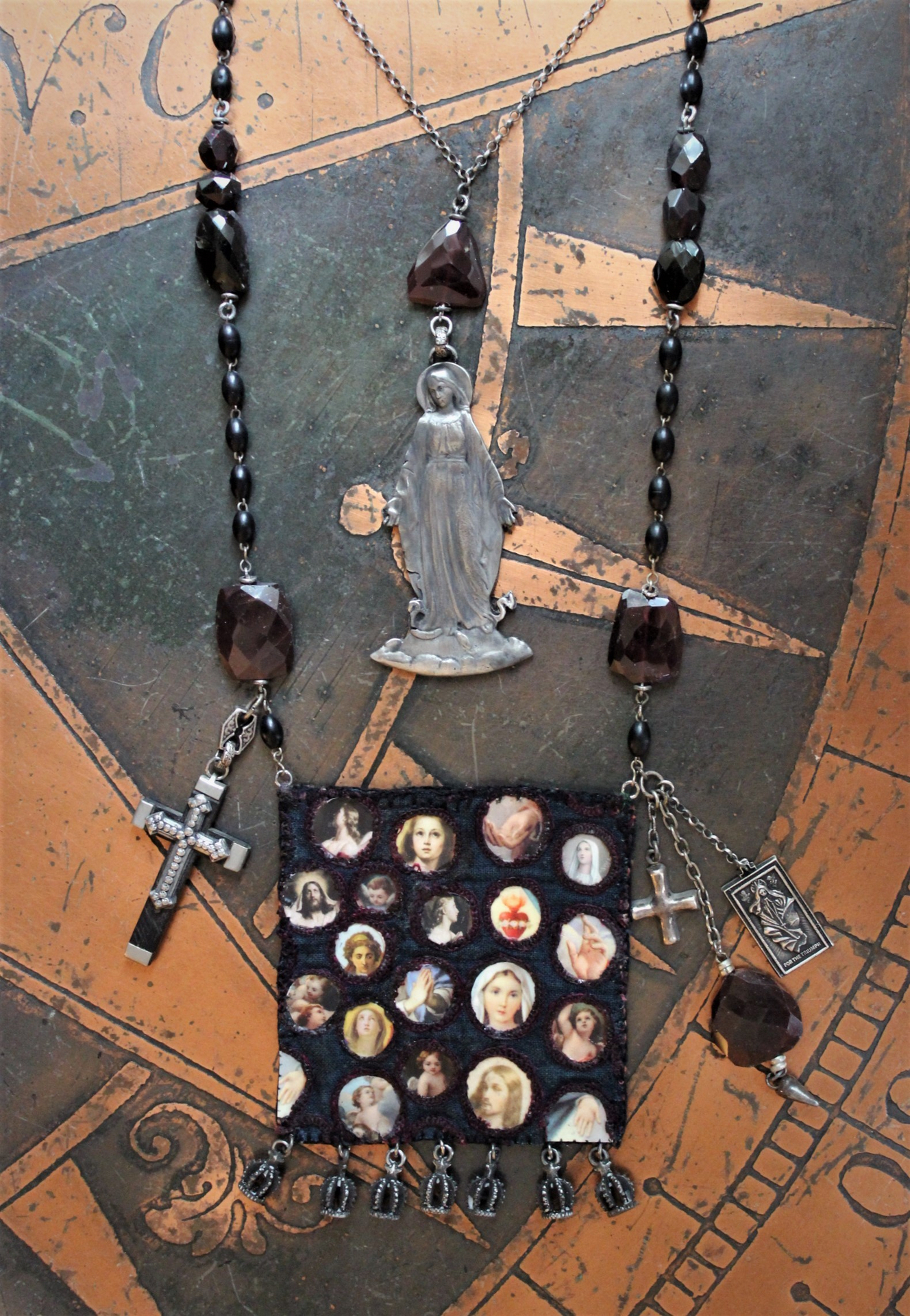 Keep Standing Necklace with Antique Holy Image Textile Leather Pouch,Tiny Sterling Star Topped Crowns, Faceted Pyrope Garnet & Antique Rosary Bead Chain, Antique Scapulars & More!