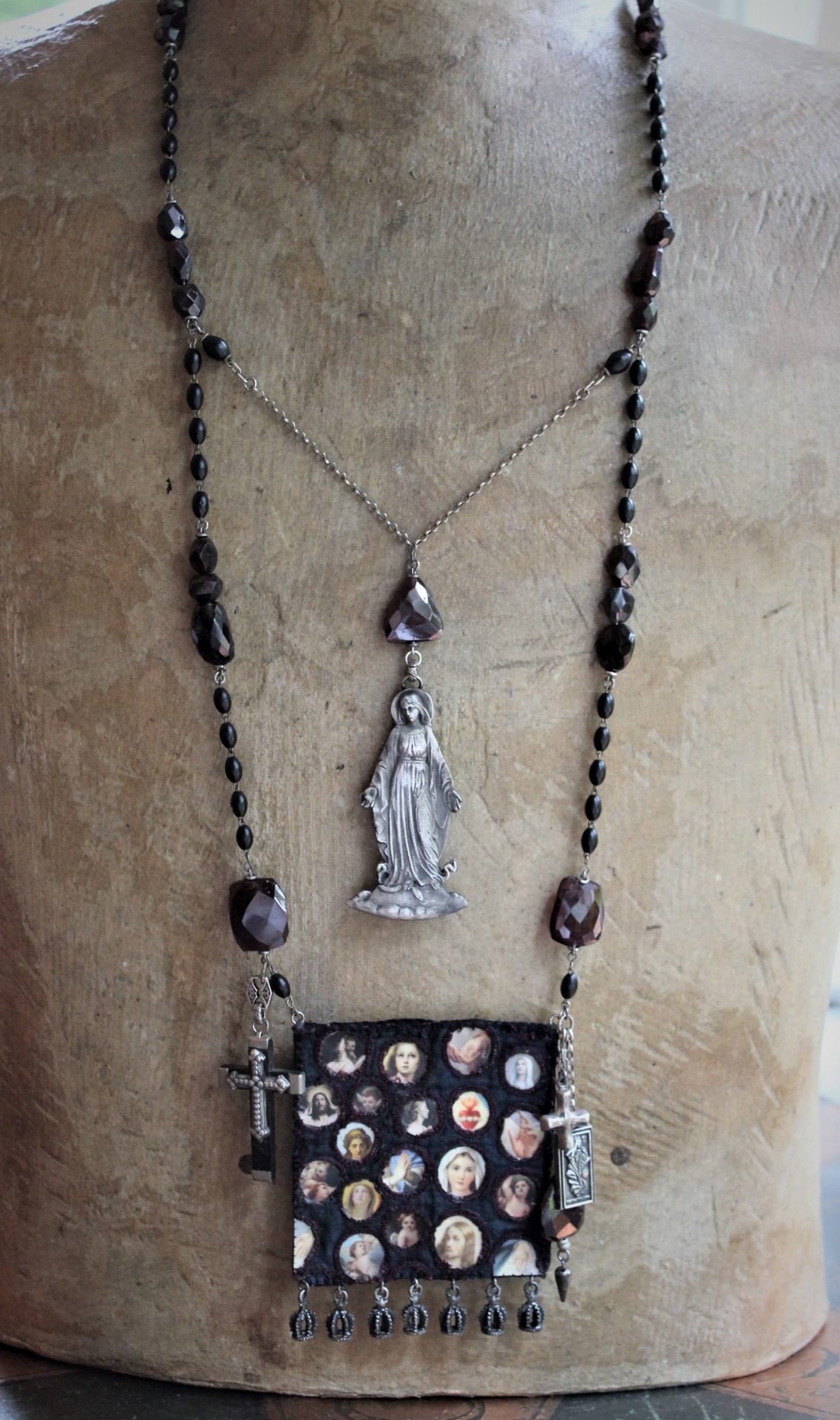 Keep Standing Necklace with Antique Holy Image Textile Leather Pouch,Tiny Sterling Star Topped Crowns, Faceted Pyrope Garnet & Antique Rosary Bead Chain, Antique Scapulars & More!