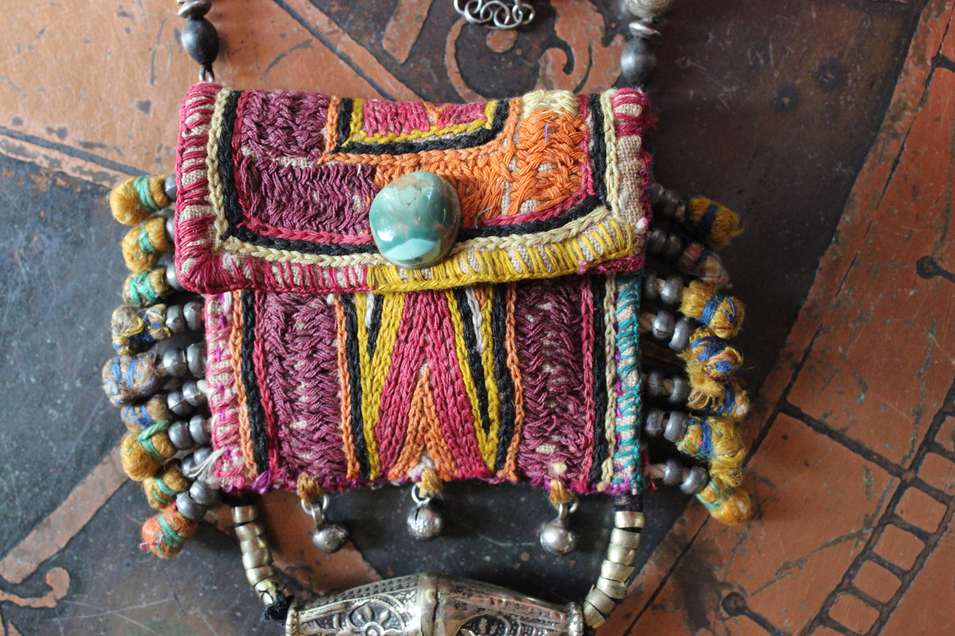 The Shield Necklace with Amazing Lambani Textile Pouch,Faceted Barrel Tourmaline, Twilight Triangle Goldstone, Turquoise and More!