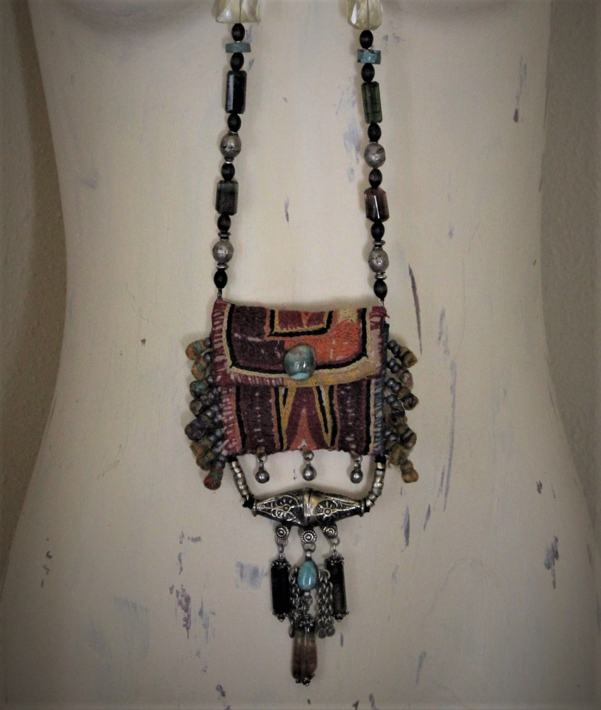 The Shield Necklace with Amazing Lambani Textile Pouch,Faceted Barrel Tourmaline, Twilight Triangle Goldstone, Turquoise and More!