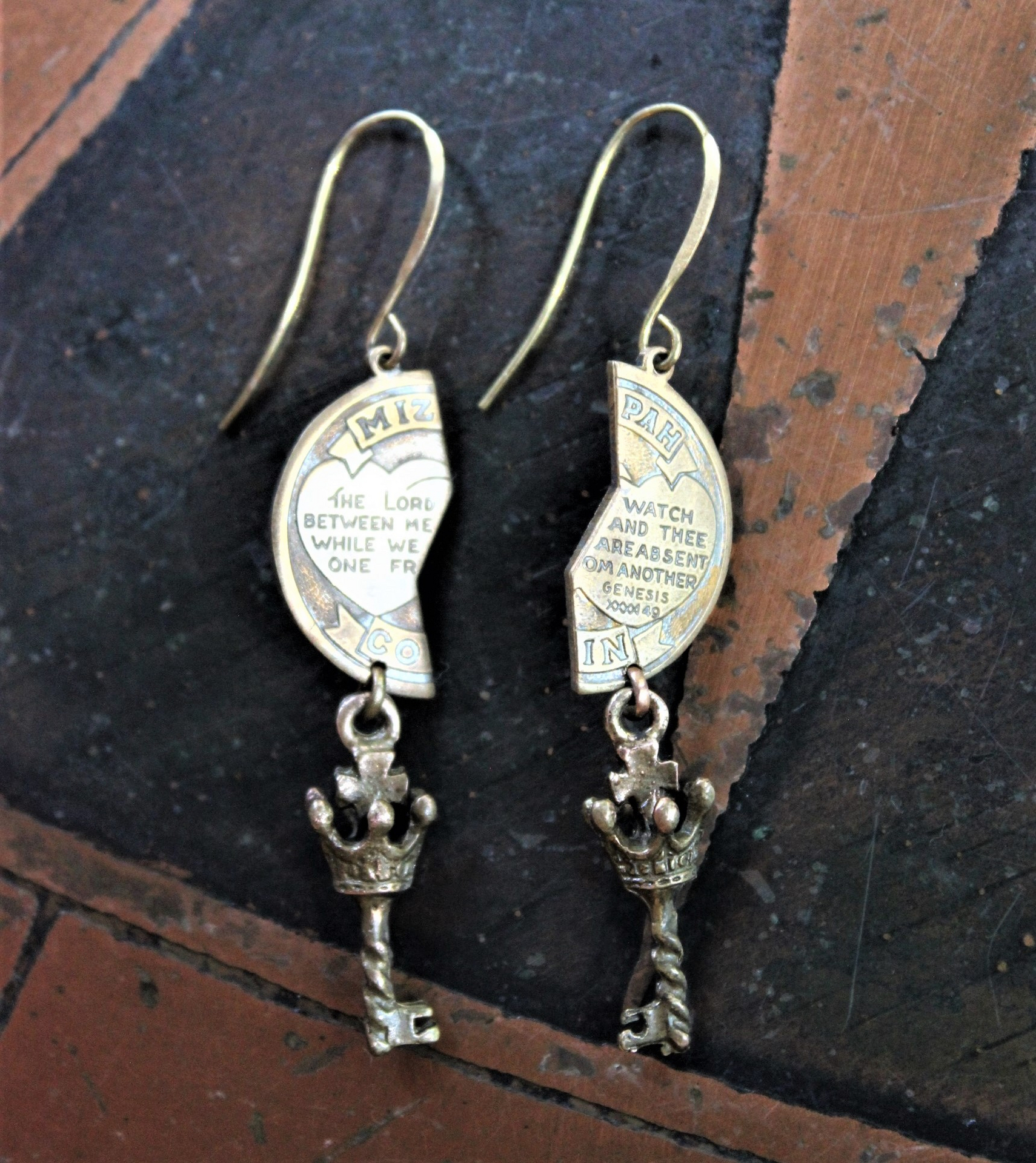 Between Me and Thee Earrings with Engraved Mizpah Coin Halves, Antique Cross and Crown Key Findings