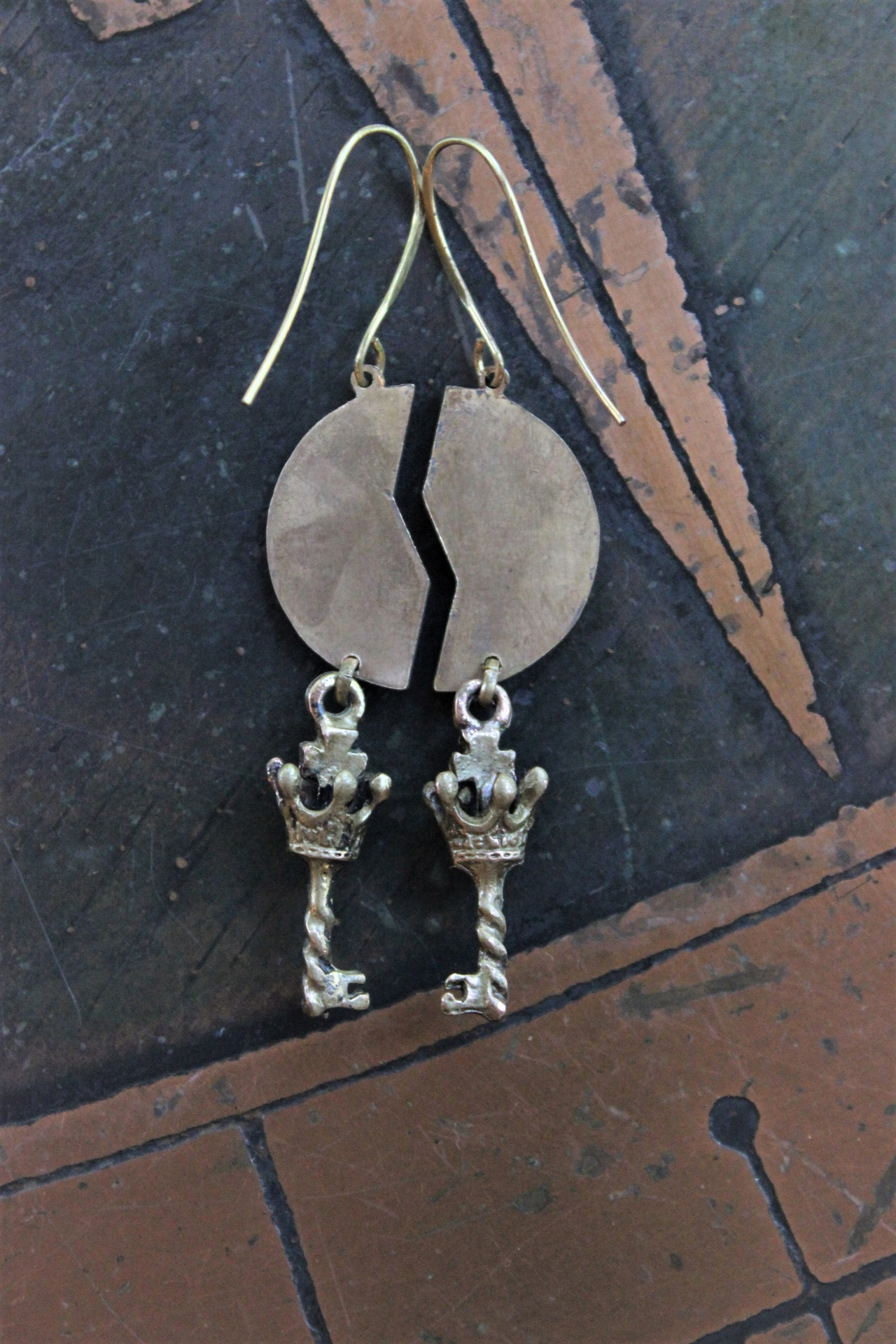 Between Me and Thee Earrings with Engraved Mizpah Coin Halves, Antique Cross and Crown Key Findings