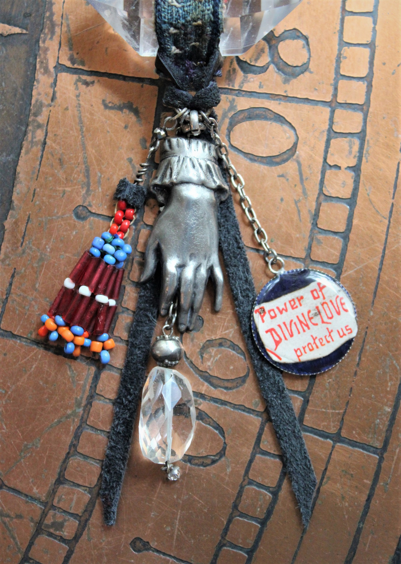 Divine Love Necklace with Double Terminated Clear Rock Quartz Crystal,Figural Hand with Sacred Heart,Antique Beaded Tassel,Divine Love Finding,Indigo Leather